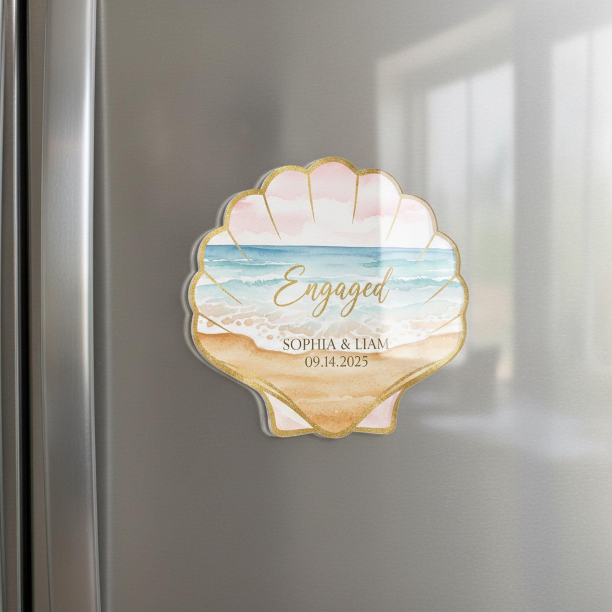 Personalized Seashell Engagement Magnet • Custom Beach Wedding Keepsake