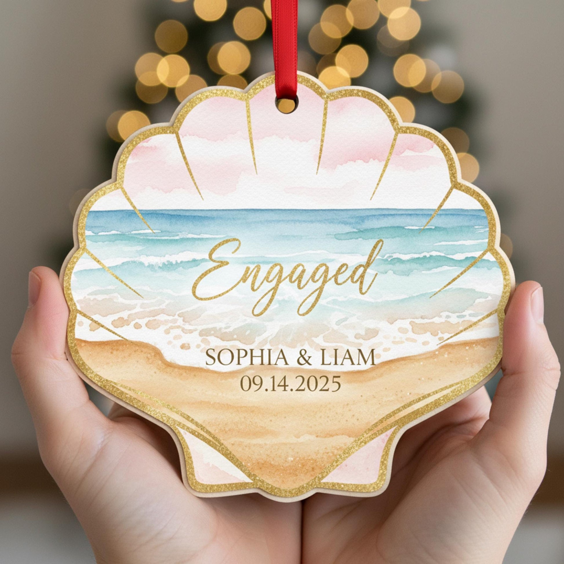 Personalized Shell Engagement Ornament • Custom Seashell Wedding Keepsake