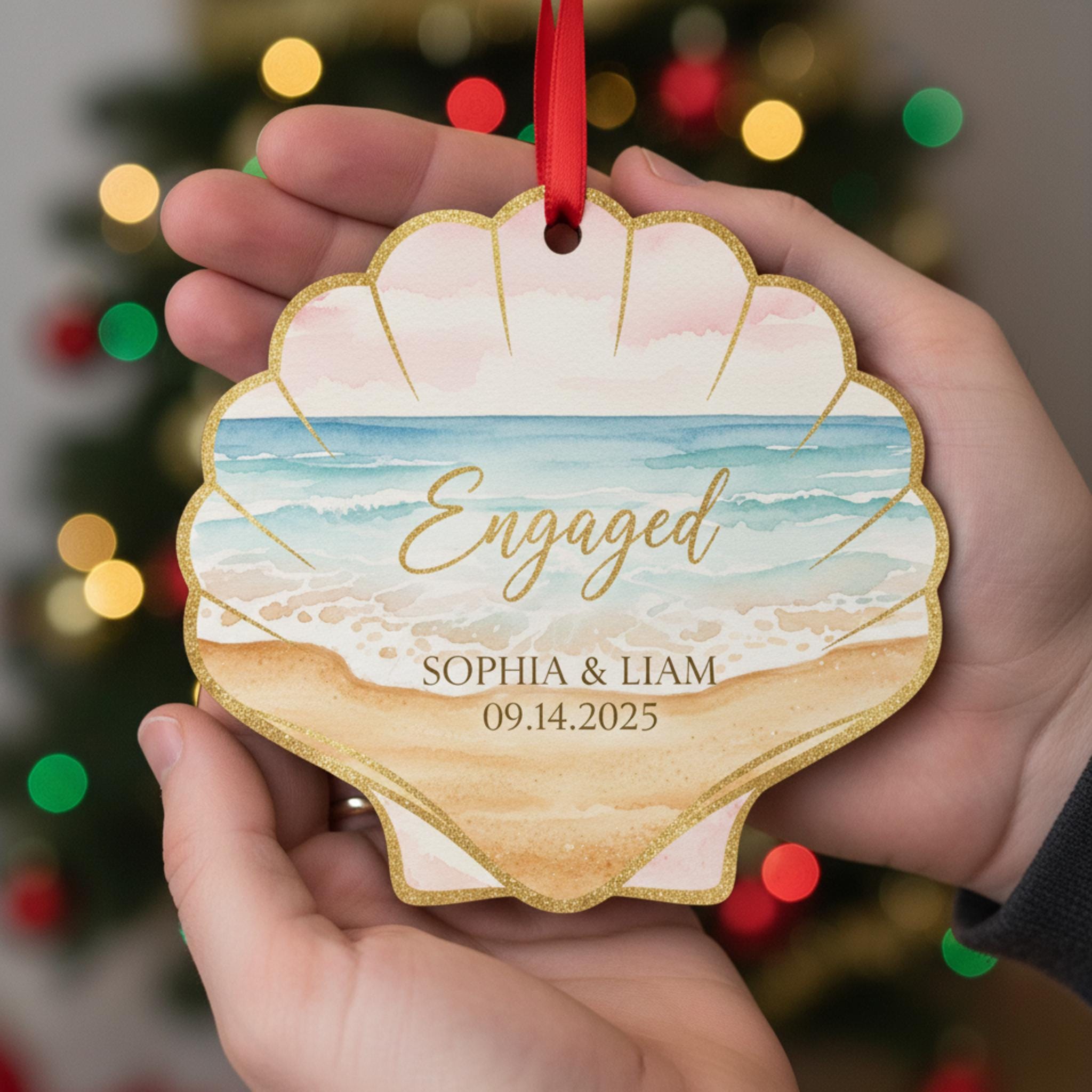 Personalized Shell Engagement Ornament • Custom Seashell Wedding Keepsake