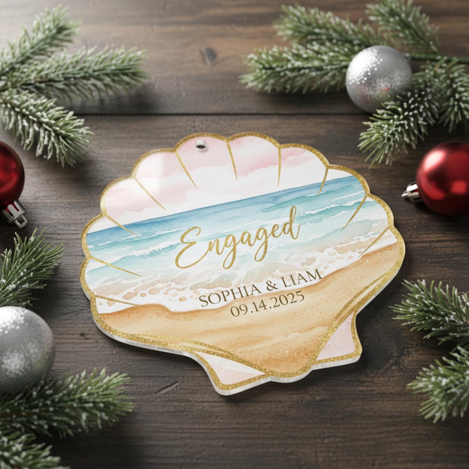 Personalized Shell Engagement Ornament • Custom Seashell Wedding Keepsake