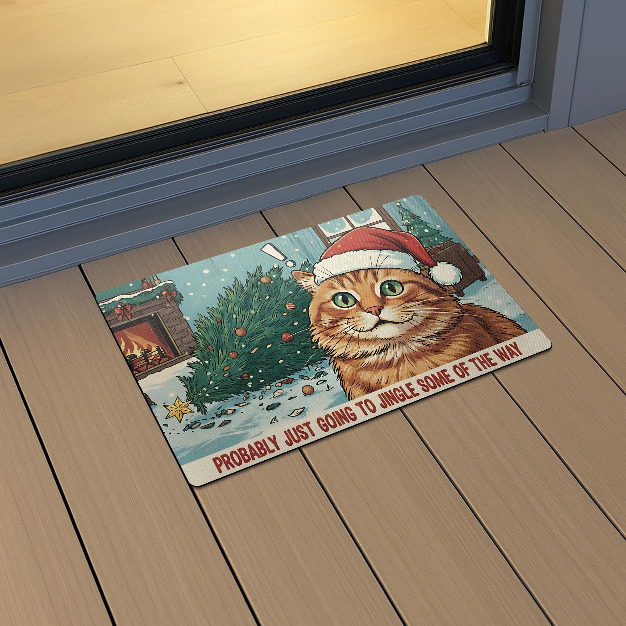 Personalized Christmas Cat Doormat — “Probably Just Going to Jingle Some of the Way” Design — Indoor/Outdoor Rubber Mat