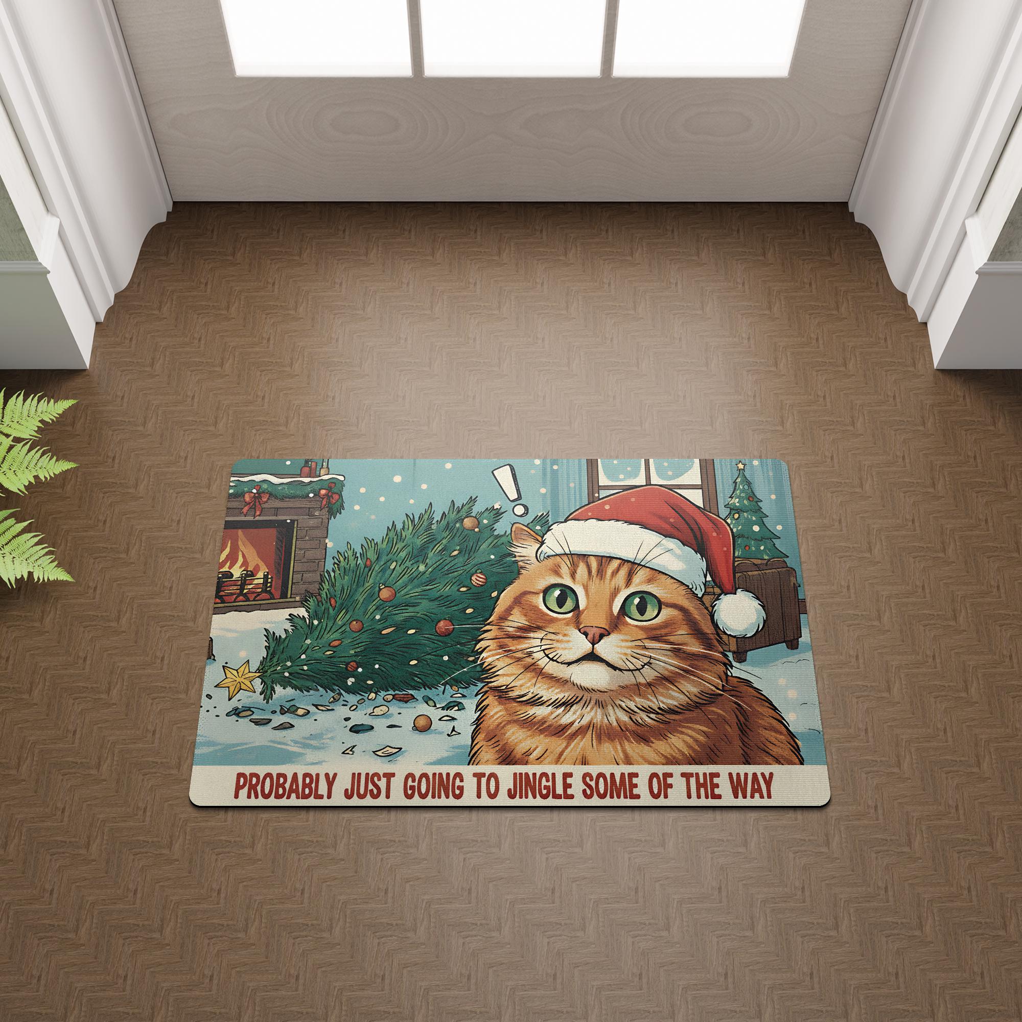 Personalized Christmas Cat Doormat — “Probably Just Going to Jingle Some of the Way” Design — Indoor/Outdoor Rubber Mat