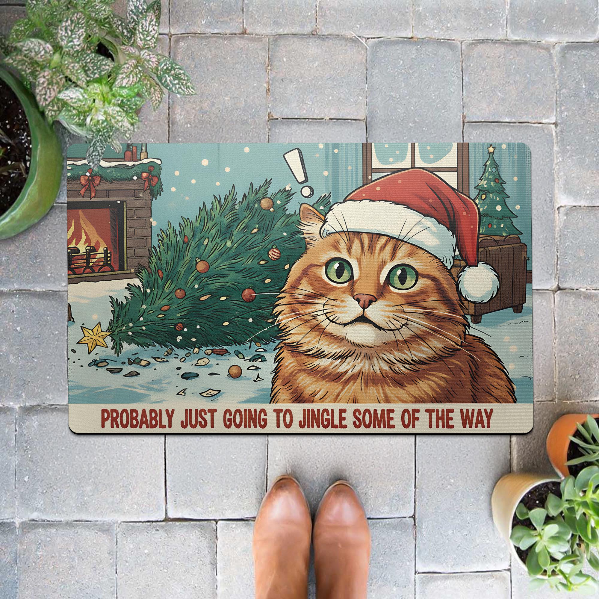 Personalized Christmas Cat Doormat — “Probably Just Going to Jingle Some of the Way” Design — Indoor/Outdoor Rubber Mat