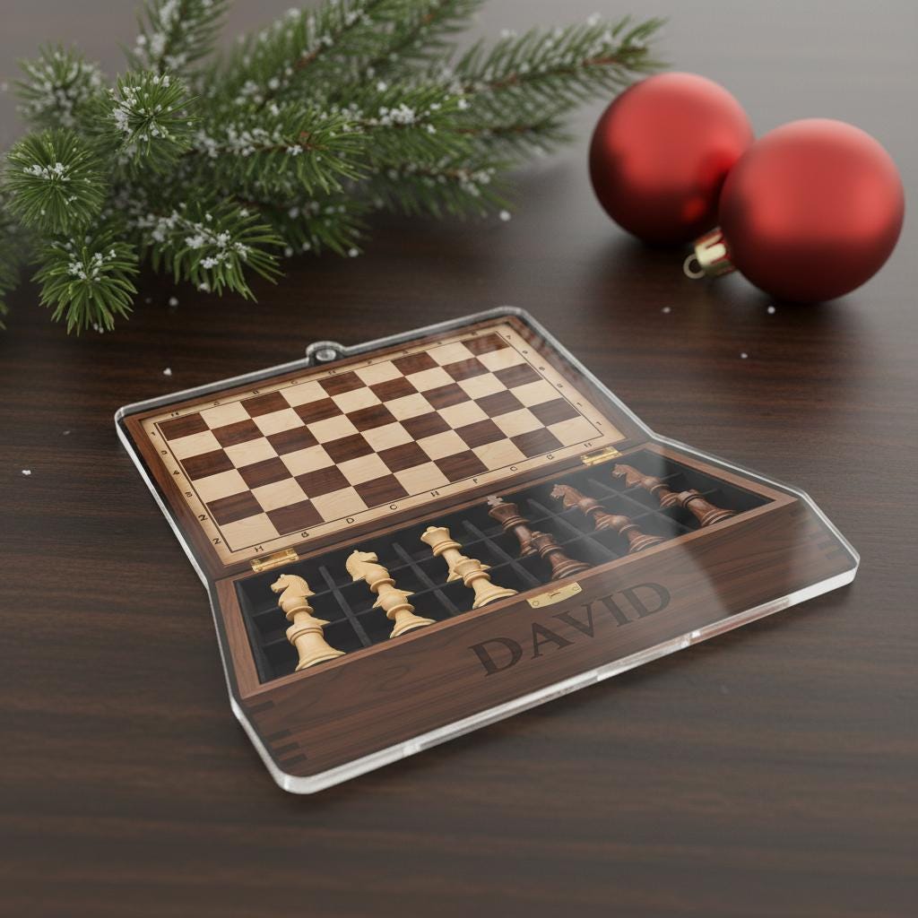 Personalized Chess Set Christmas Ornament - Custom Engraved Name Board Game Gift