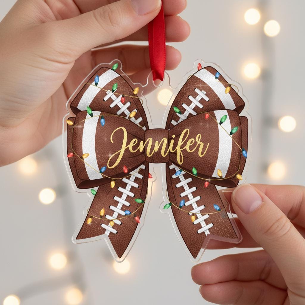 Personalized Football Bow Christmas Ornament - Custom Name Sports Team Fan Gift