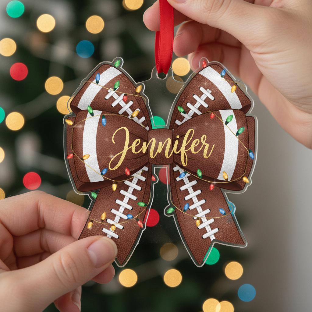 Personalized Football Bow Christmas Ornament - Custom Name Sports Team Fan Gift