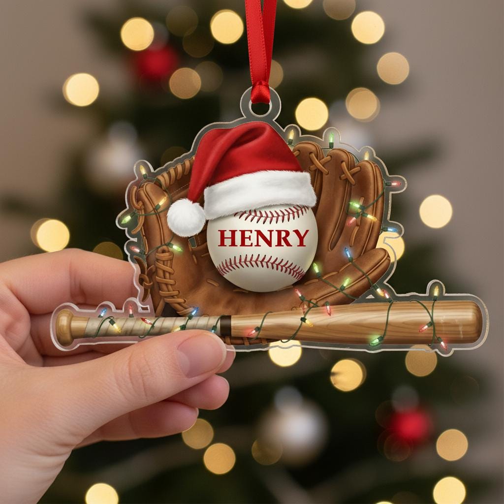 Personalized Baseball Glove Bat Christmas Ornament - Custom Name Player Team Gift