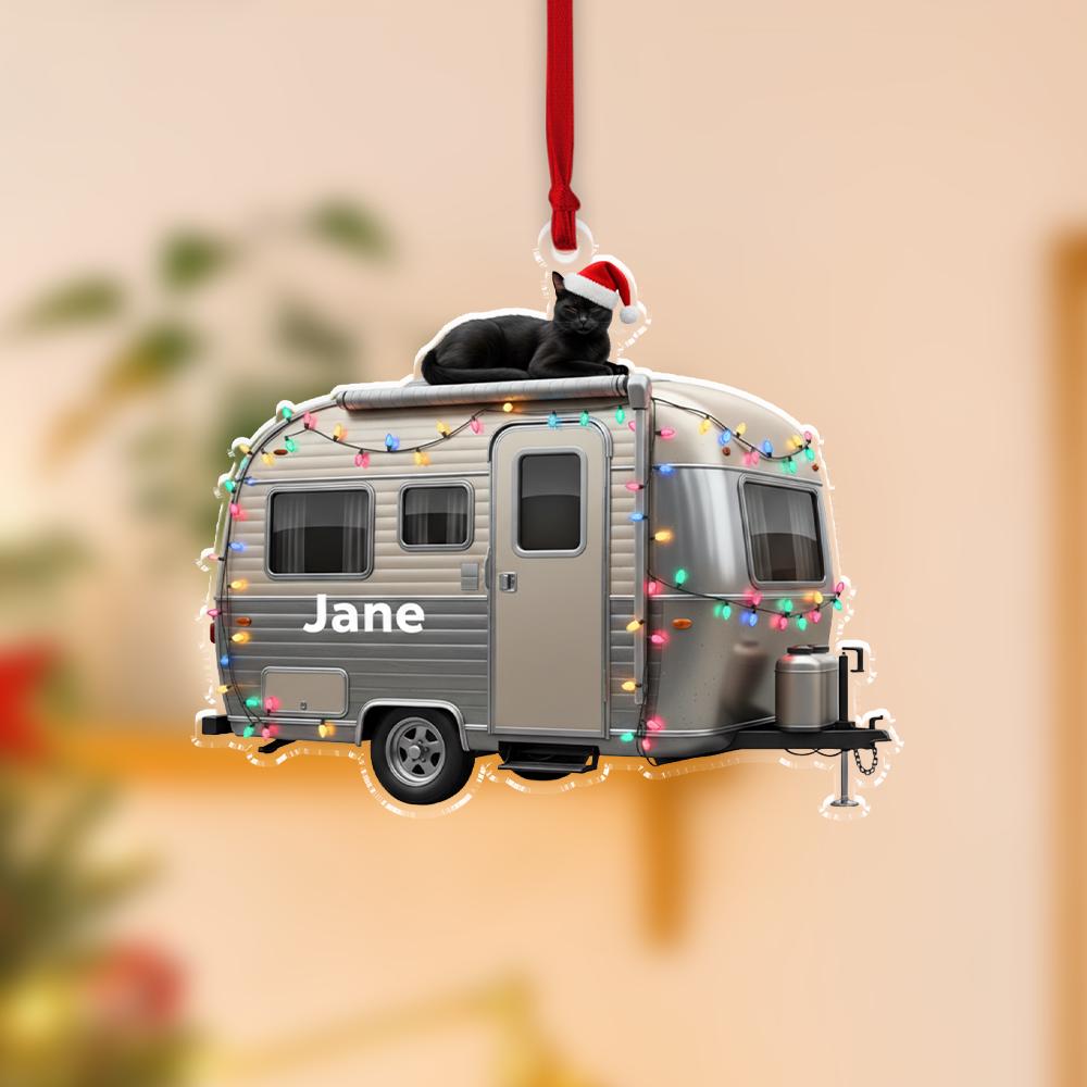 Personalized Trailer Acrylic Ornament — Custom Name Cat Roof Holiday Ornament