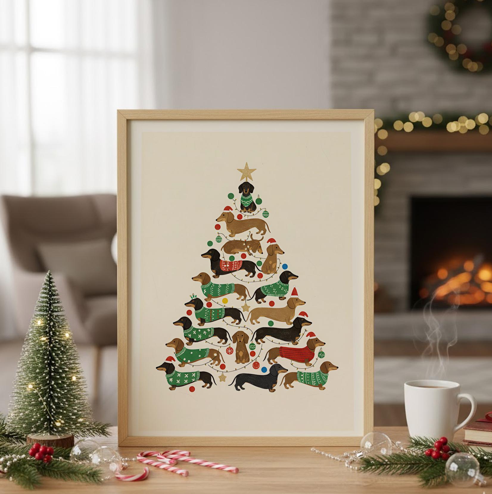 Holiday Dachshund Unframed Poster Print: Dog Christmas Tree Art