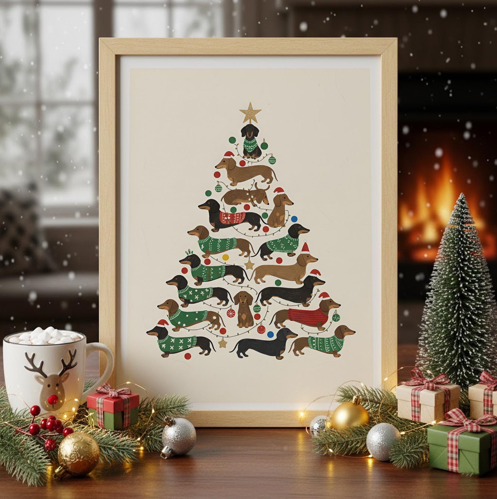 Holiday Dachshund Unframed Poster Print: Dog Christmas Tree Art