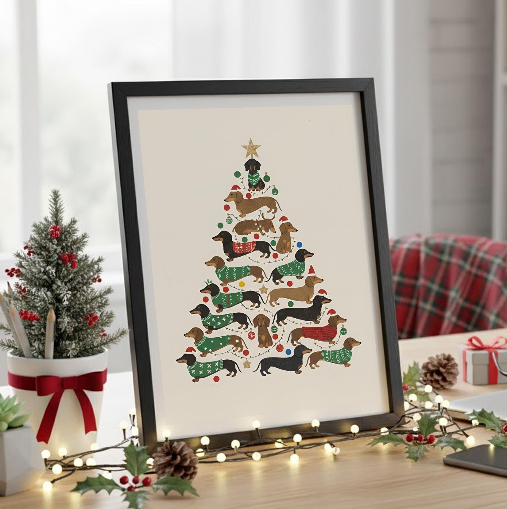 Holiday Dachshund Unframed Poster Print: Dog Christmas Tree Art