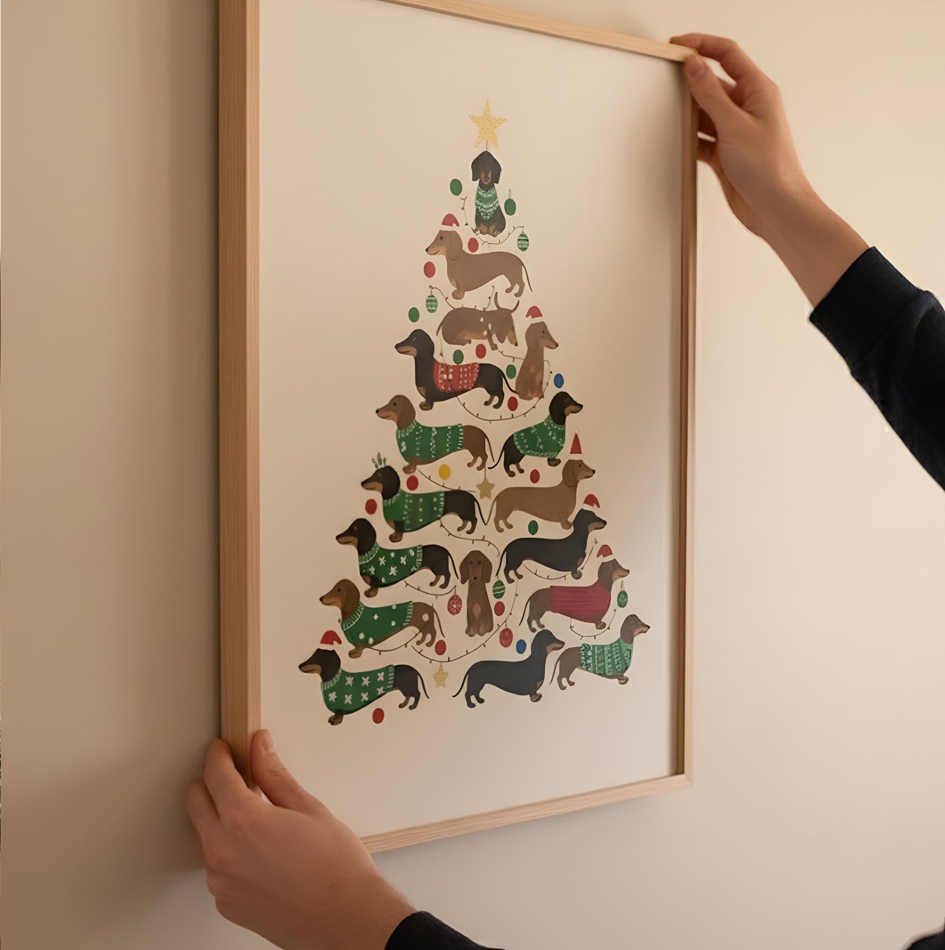 Holiday Dachshund Unframed Poster Print: Dog Christmas Tree Art