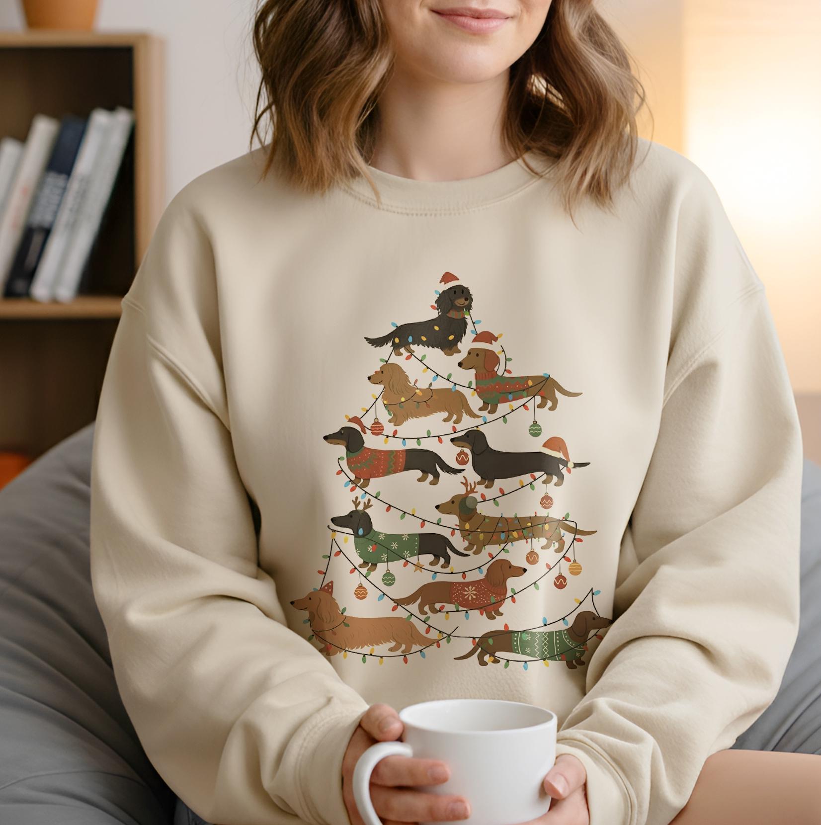 Dachshund Christmas Sweatshirt Unisex Pullover: Dog Tree Design, Holiday Lights, Pet Lover Apparel