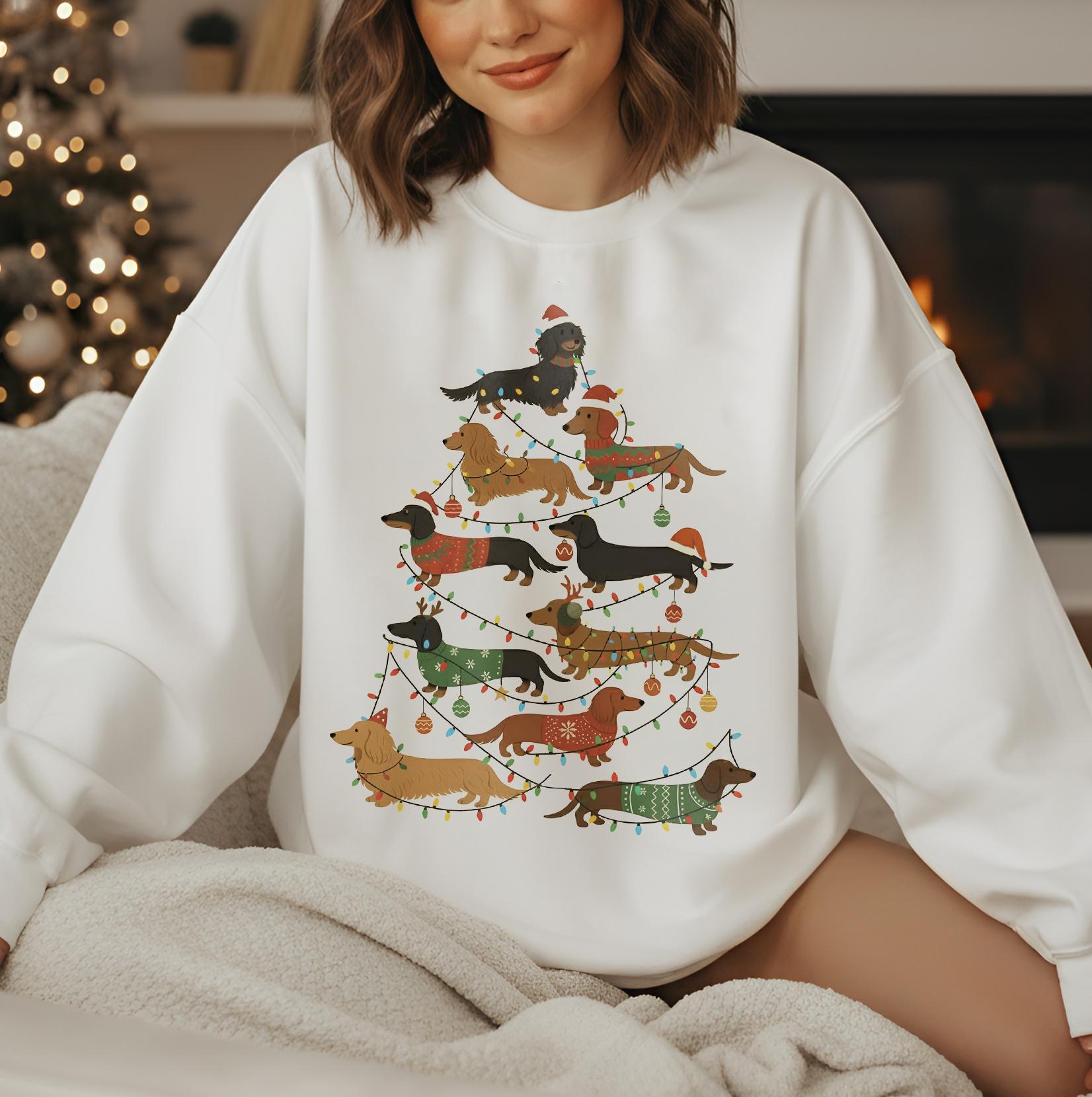 Dachshund Christmas Sweatshirt Unisex Pullover: Dog Tree Design, Holiday Lights, Pet Lover Apparel