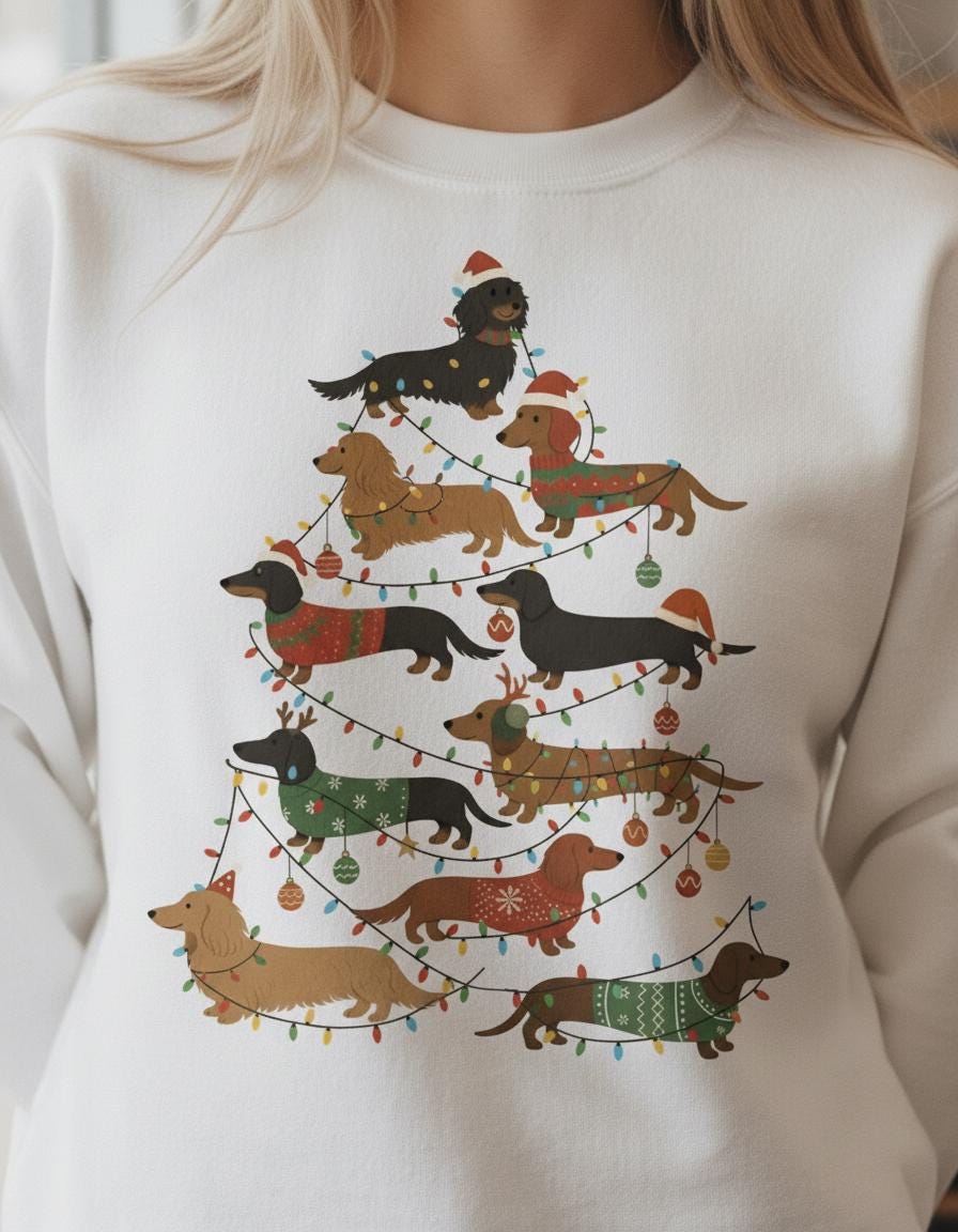Dachshund Christmas Sweatshirt Unisex Pullover: Dog Tree Design, Holiday Lights, Pet Lover Apparel