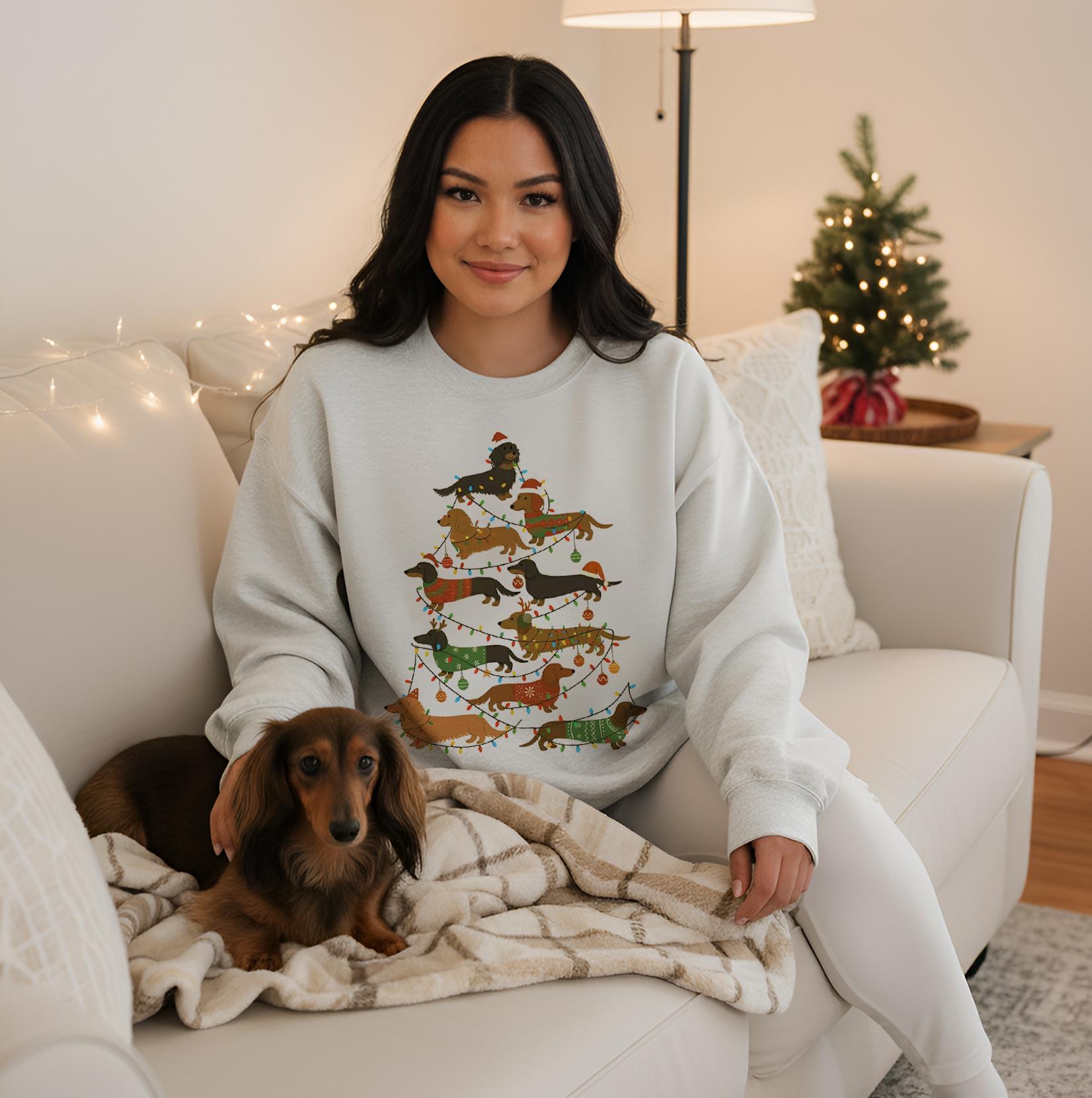 Dachshund Christmas Sweatshirt Unisex Pullover: Dog Tree Design, Holiday Lights, Pet Lover Apparel