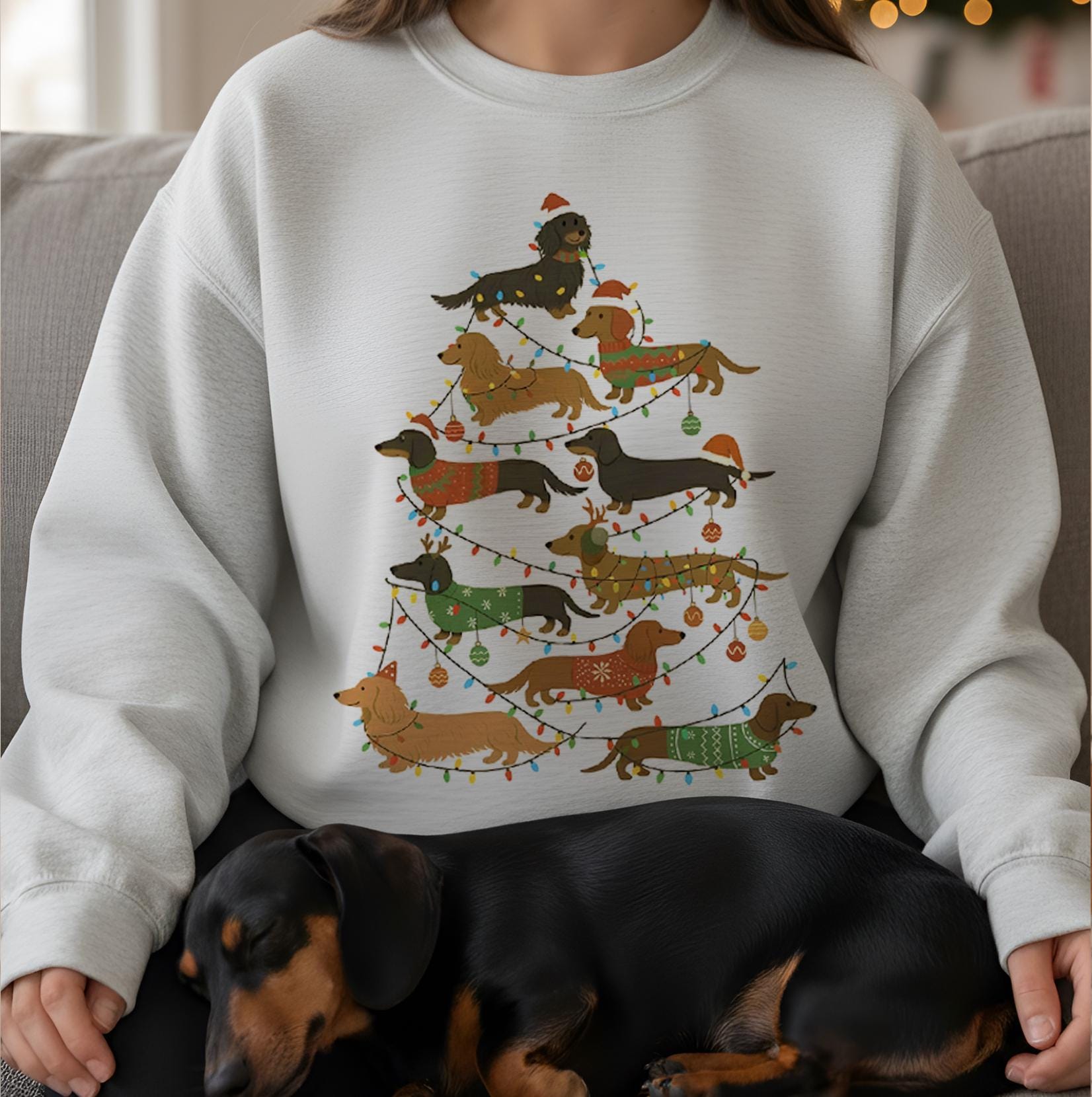 Dachshund Christmas Sweatshirt Unisex Pullover: Dog Tree Design, Holiday Lights, Pet Lover Apparel
