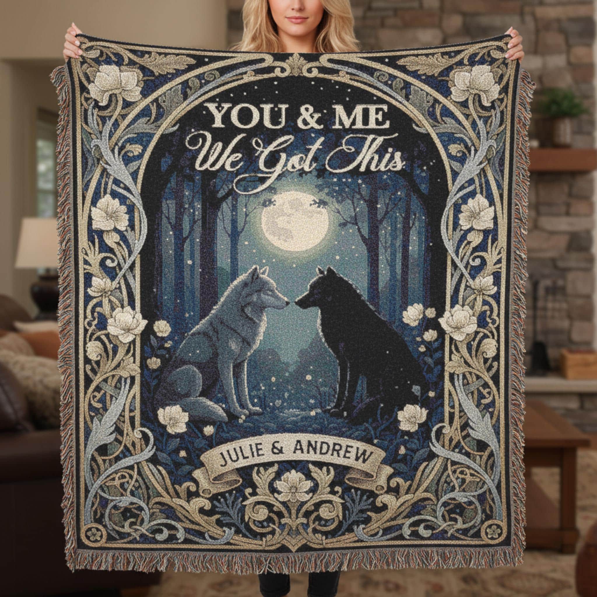 Custom Wolf Couple Woven Blanket: Forest Moon Design, Personalized Names, Anniversary Wall Tapestry
