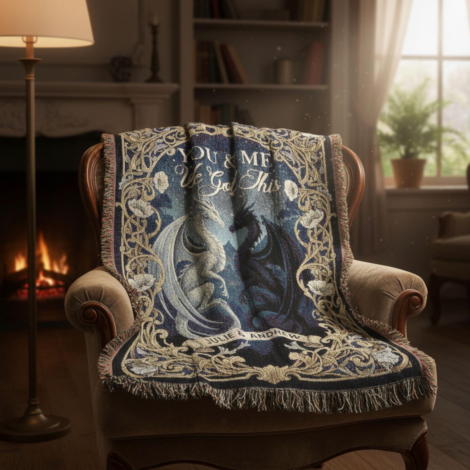 Custom Dragon Couple Woven Blanket: Night Sky Tapestry, Personalized Names Anniversary Decor