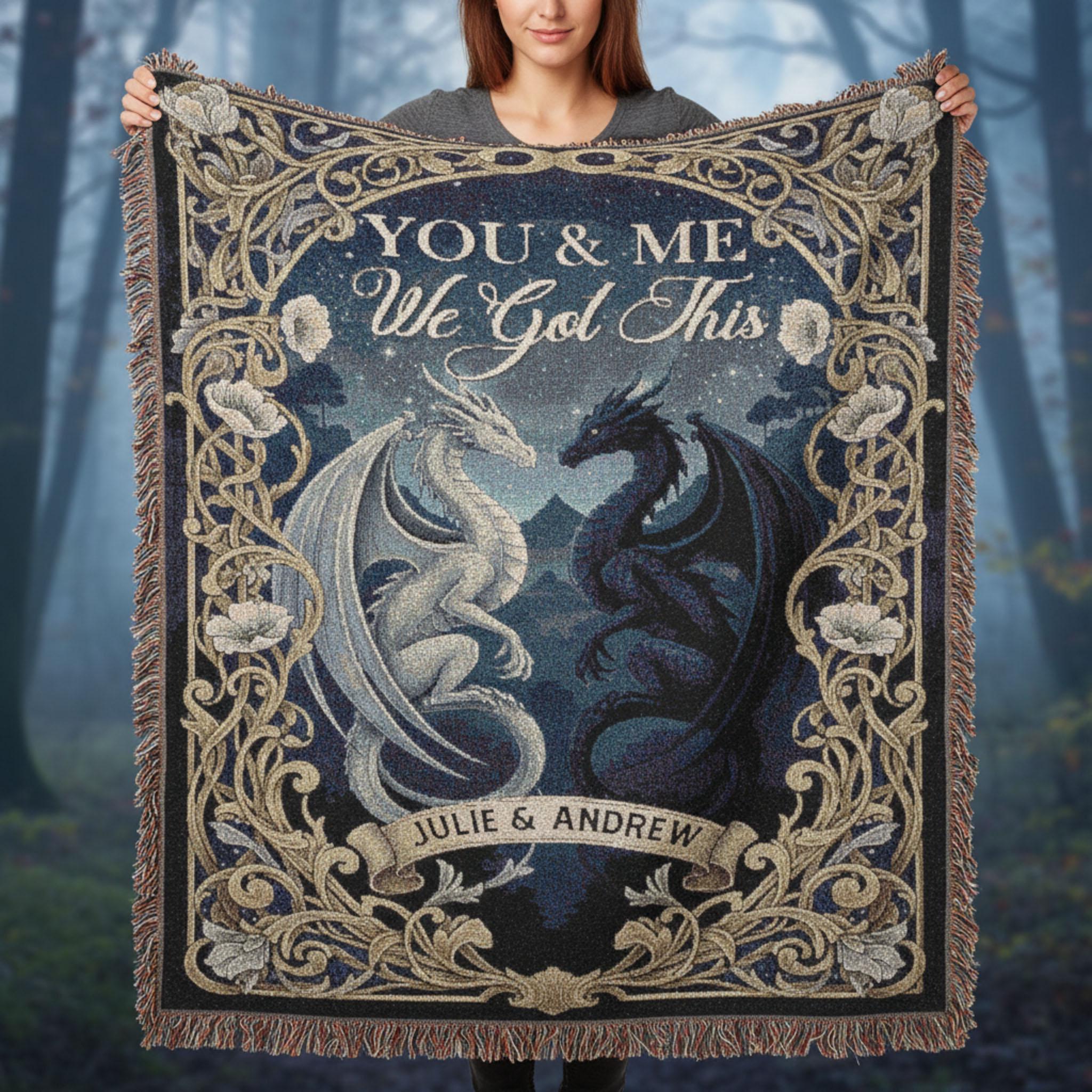 Custom Dragon Couple Woven Blanket: Night Sky Tapestry, Personalized Names Anniversary Decor