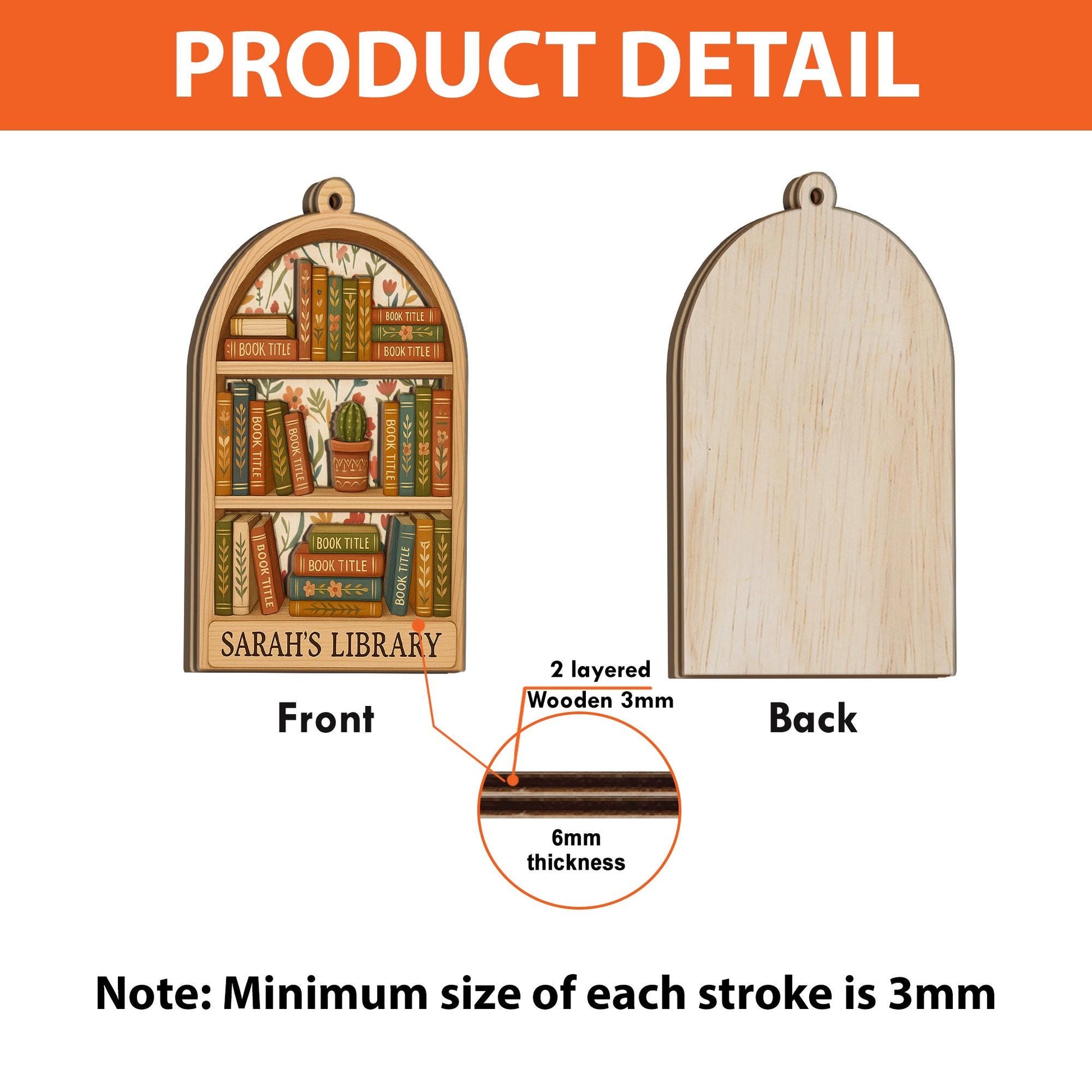 Custom Bookish Christmas Ornament: Wood Two Layer Bookshelf Reading Nook Decor image 5