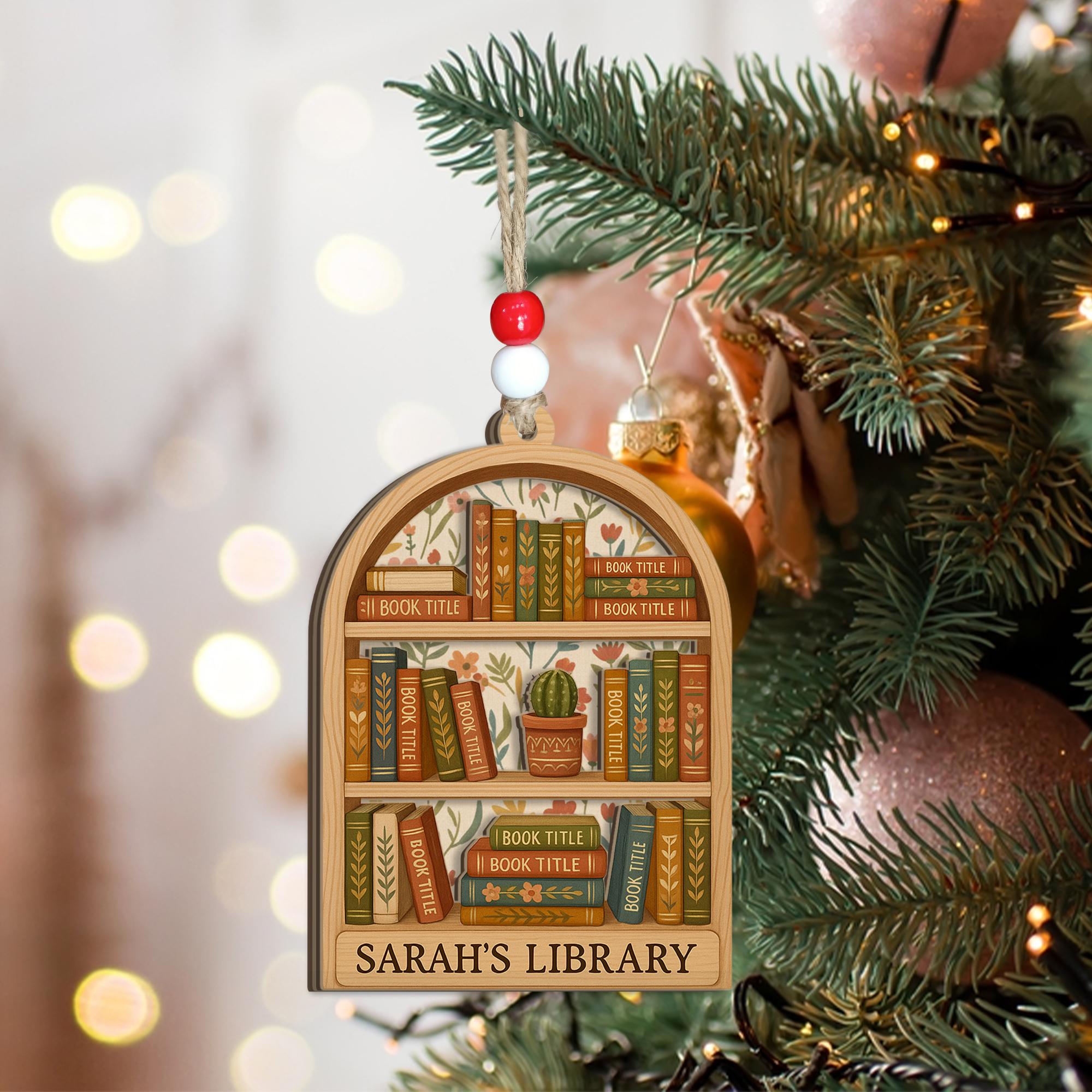 Custom Bookish Christmas Ornament: Wood Two Layer Bookshelf Reading Nook Decor image 4
