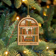 Custom Bookish Christmas Ornament: Wood Two Layer Bookshelf Reading Nook Decor image 1