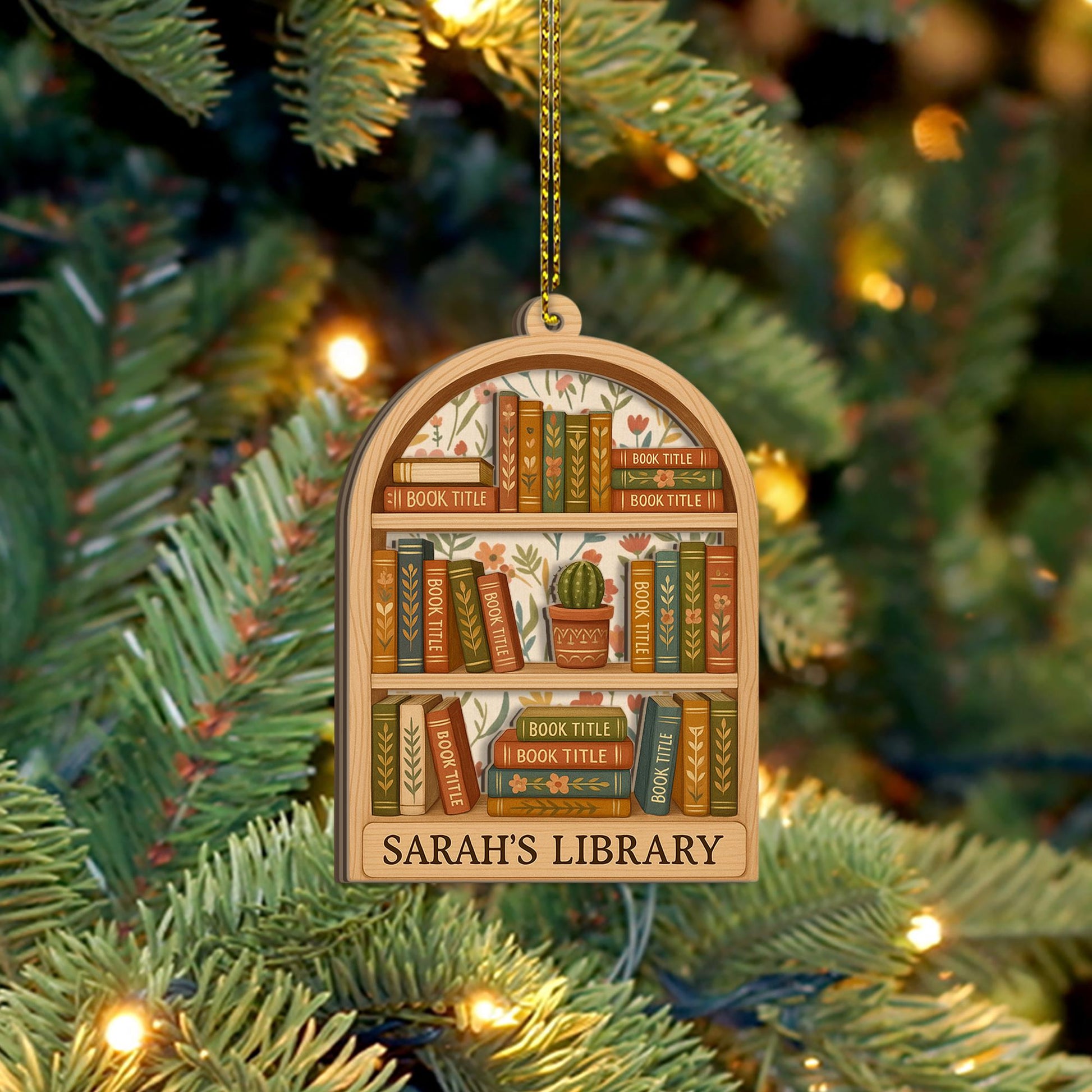 Custom Bookish Christmas Ornament: Wood Two Layer Bookshelf Reading Nook Decor image 1