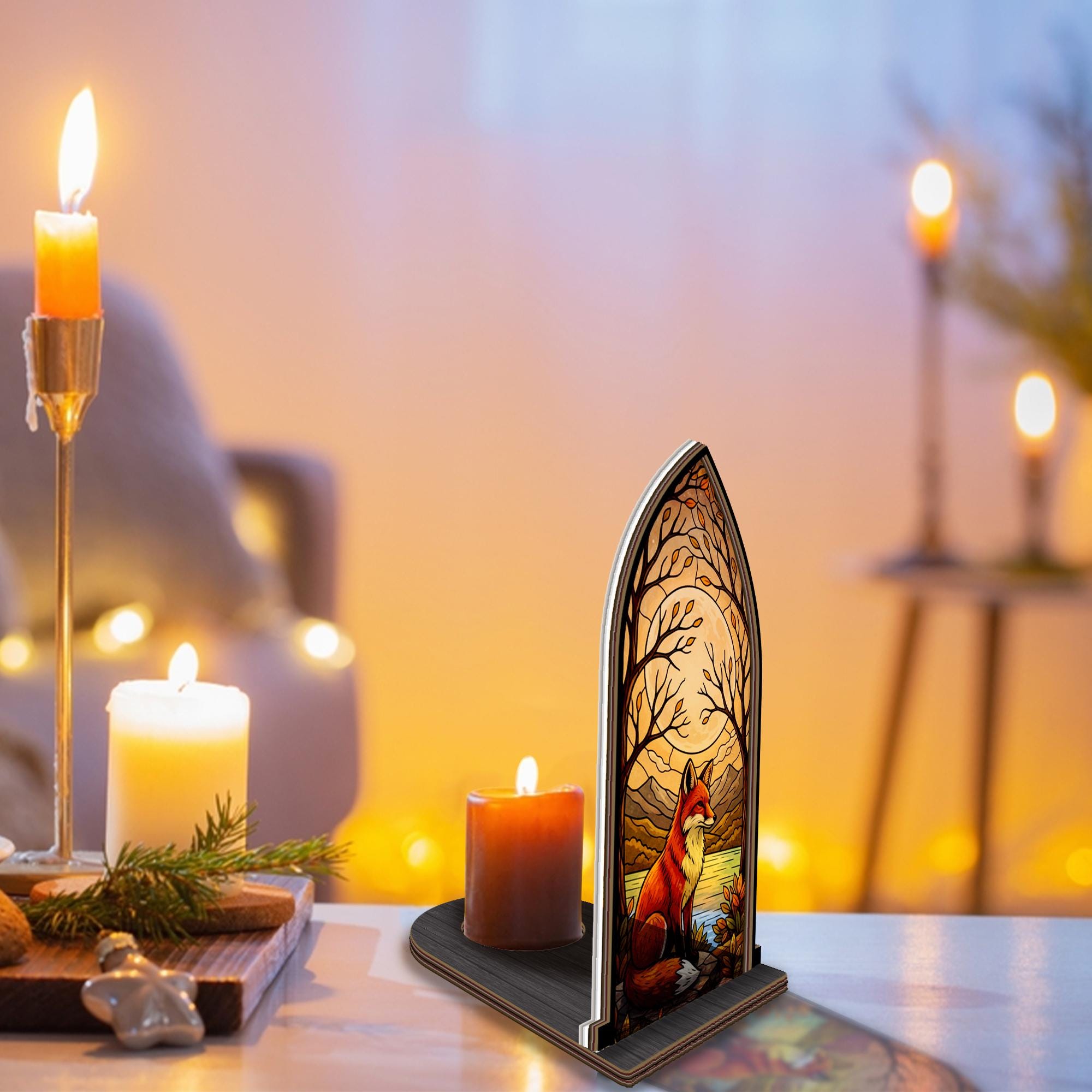 Fox in Autumn Woods Wooden Candle Holder – Woodland Fox Gift image 2