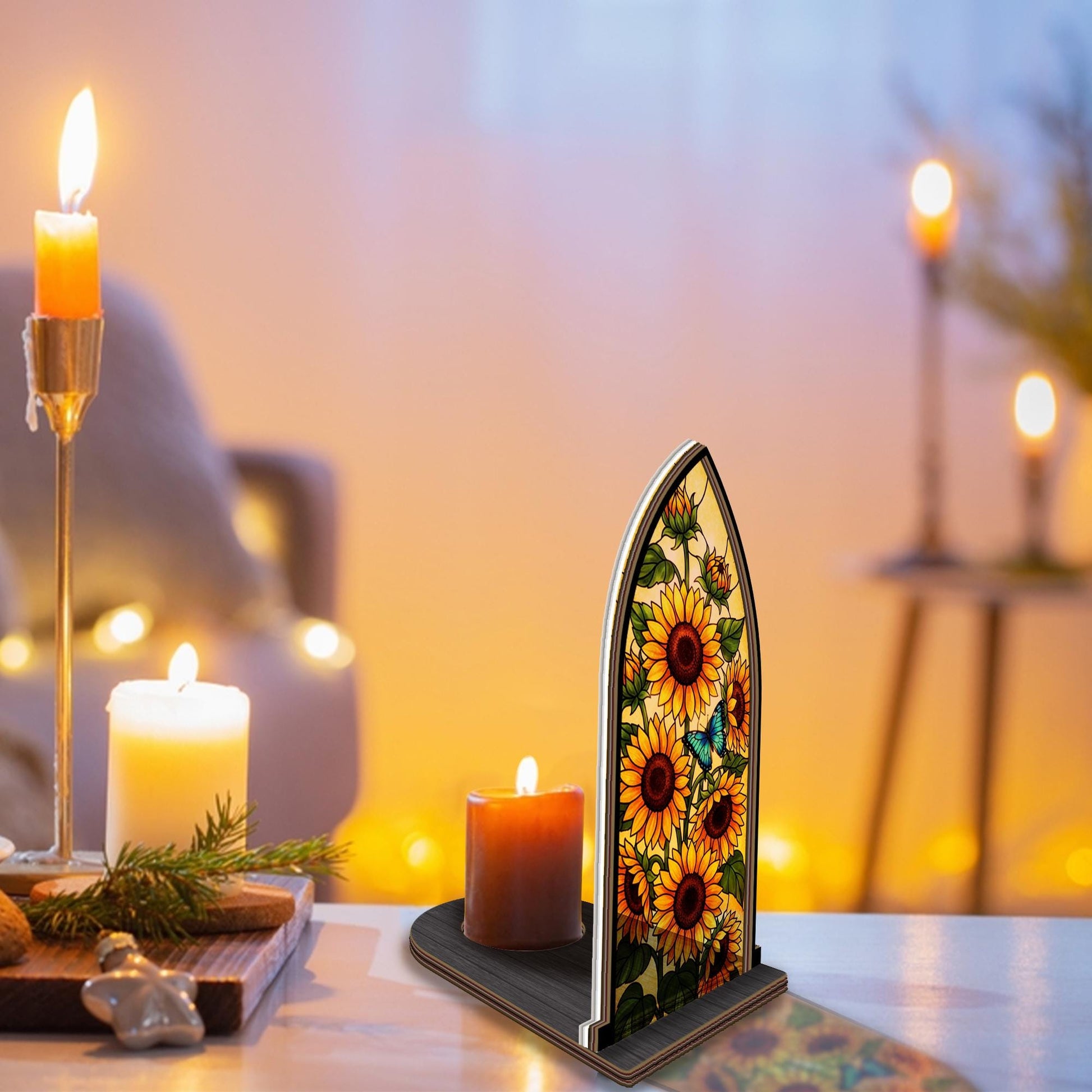 Wooden Candle Holder Sunflower & Butterfly Decor – Rustic Floral Candle Stand Home Gift image 2