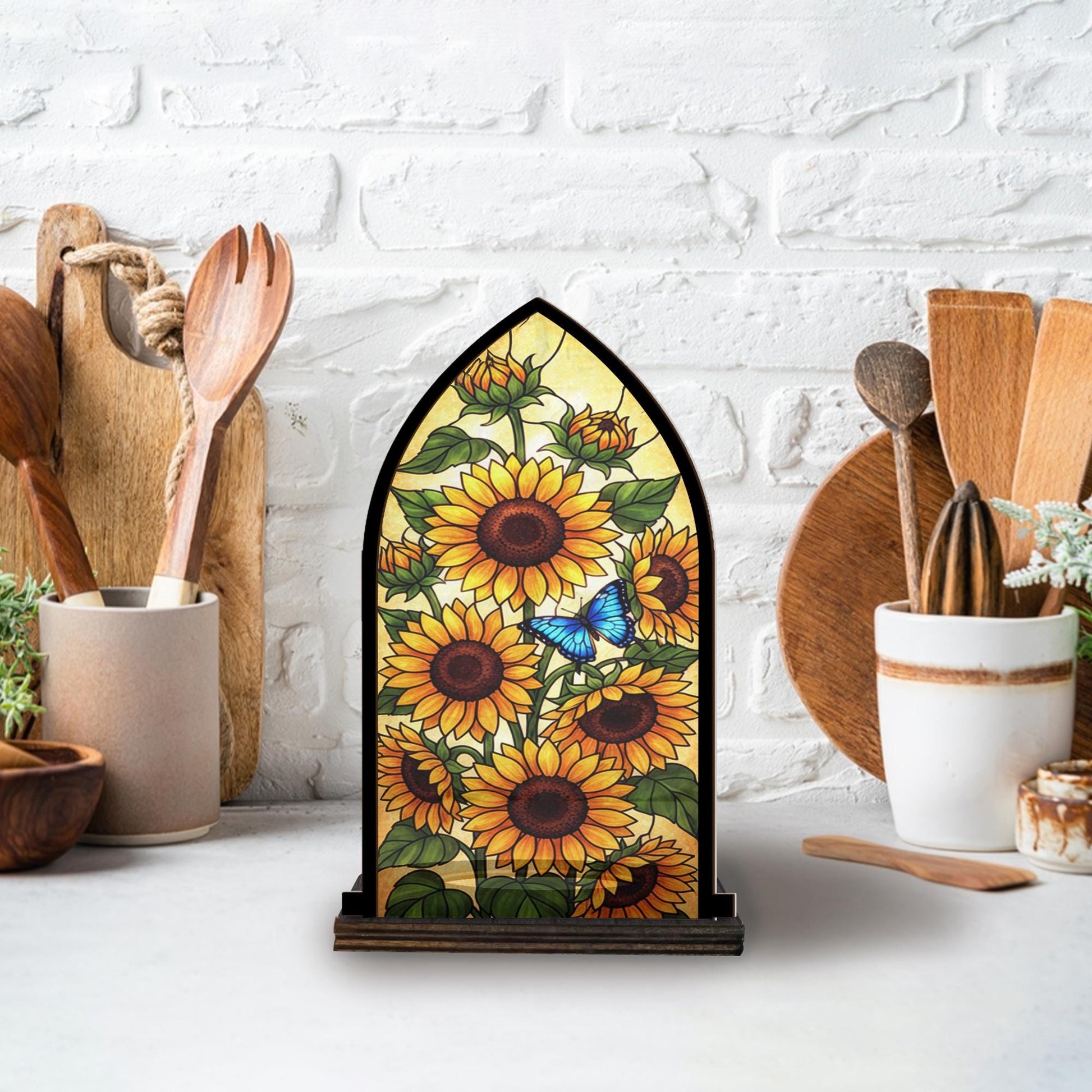 Wooden Candle Holder Sunflower & Butterfly Decor – Rustic Floral Candle Stand Home Gift image 3