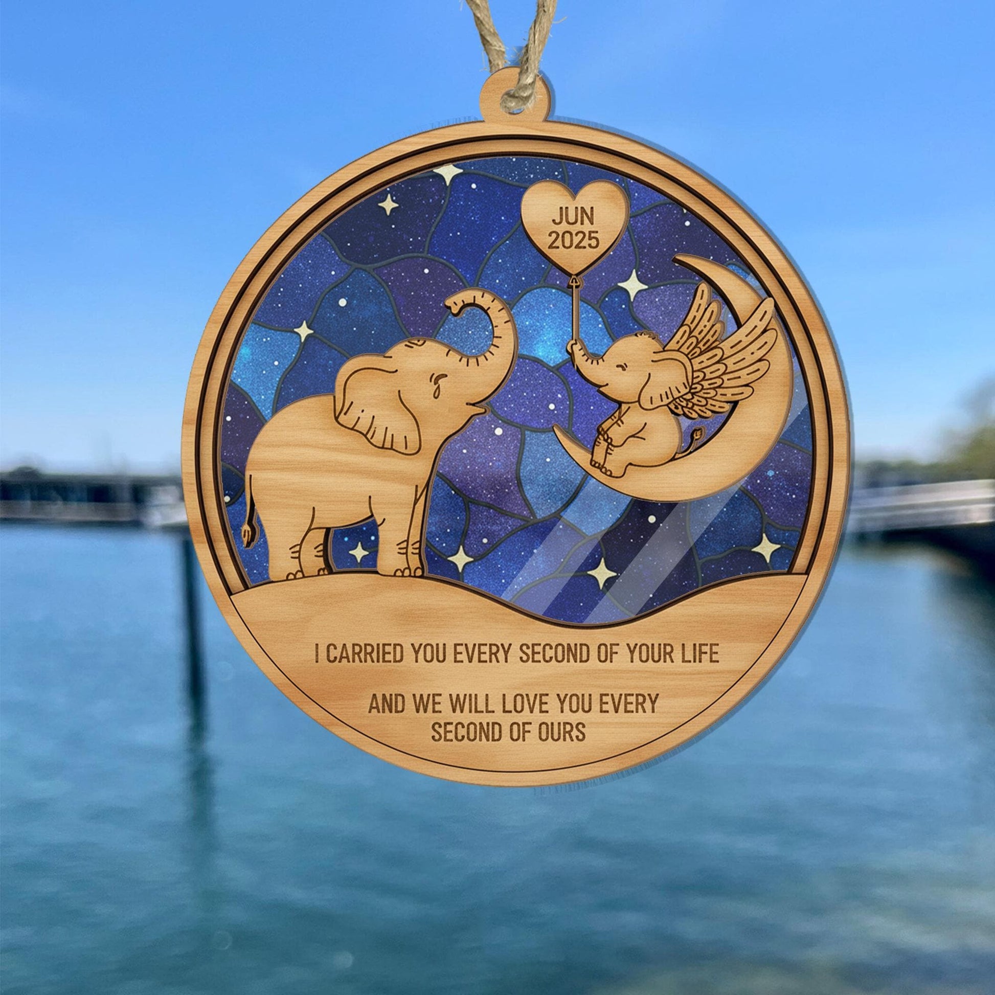 Wood and Acrylic Elephant Suncatcher Ornament – Baby Loss Memorial Design, Personalized Date, Angel Wings, Window or Tree Decoration image 7