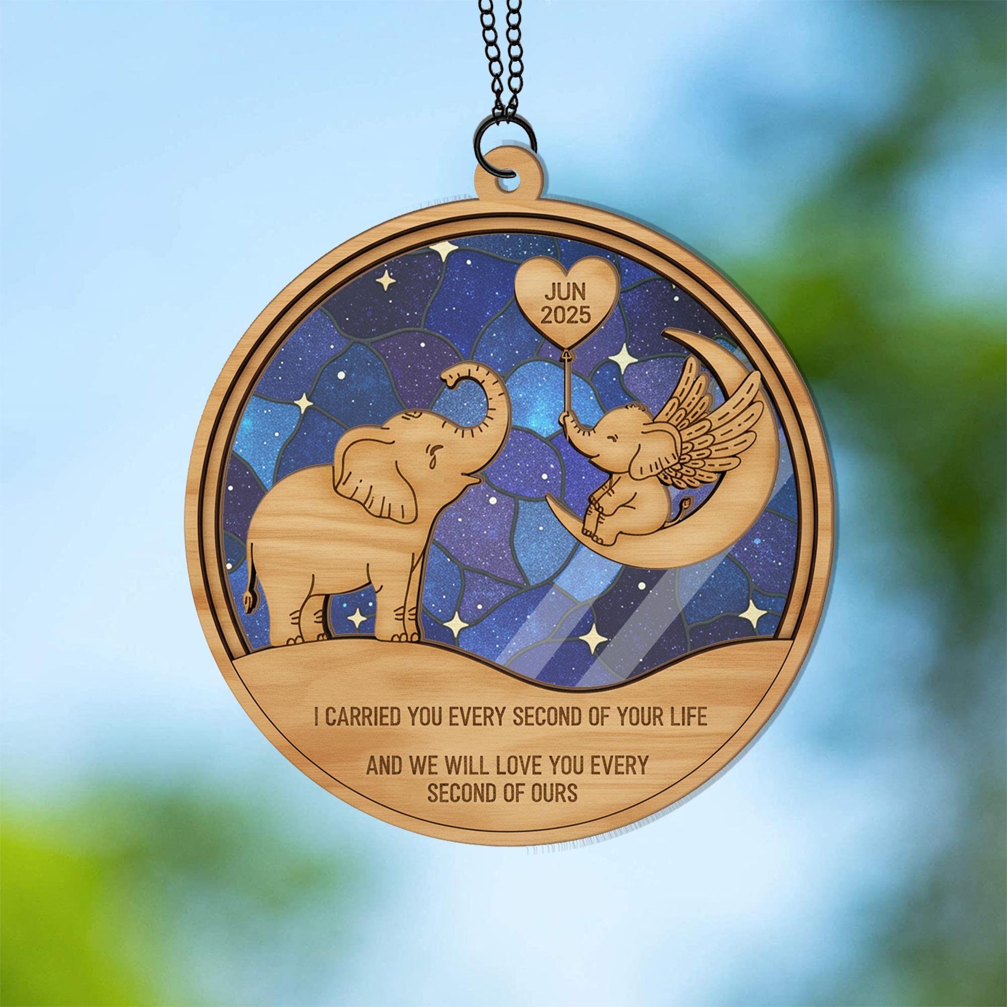 Wood and Acrylic Elephant Suncatcher Ornament – Baby Loss Memorial Design, Personalized Date, Angel Wings, Window or Tree Decoration image 5