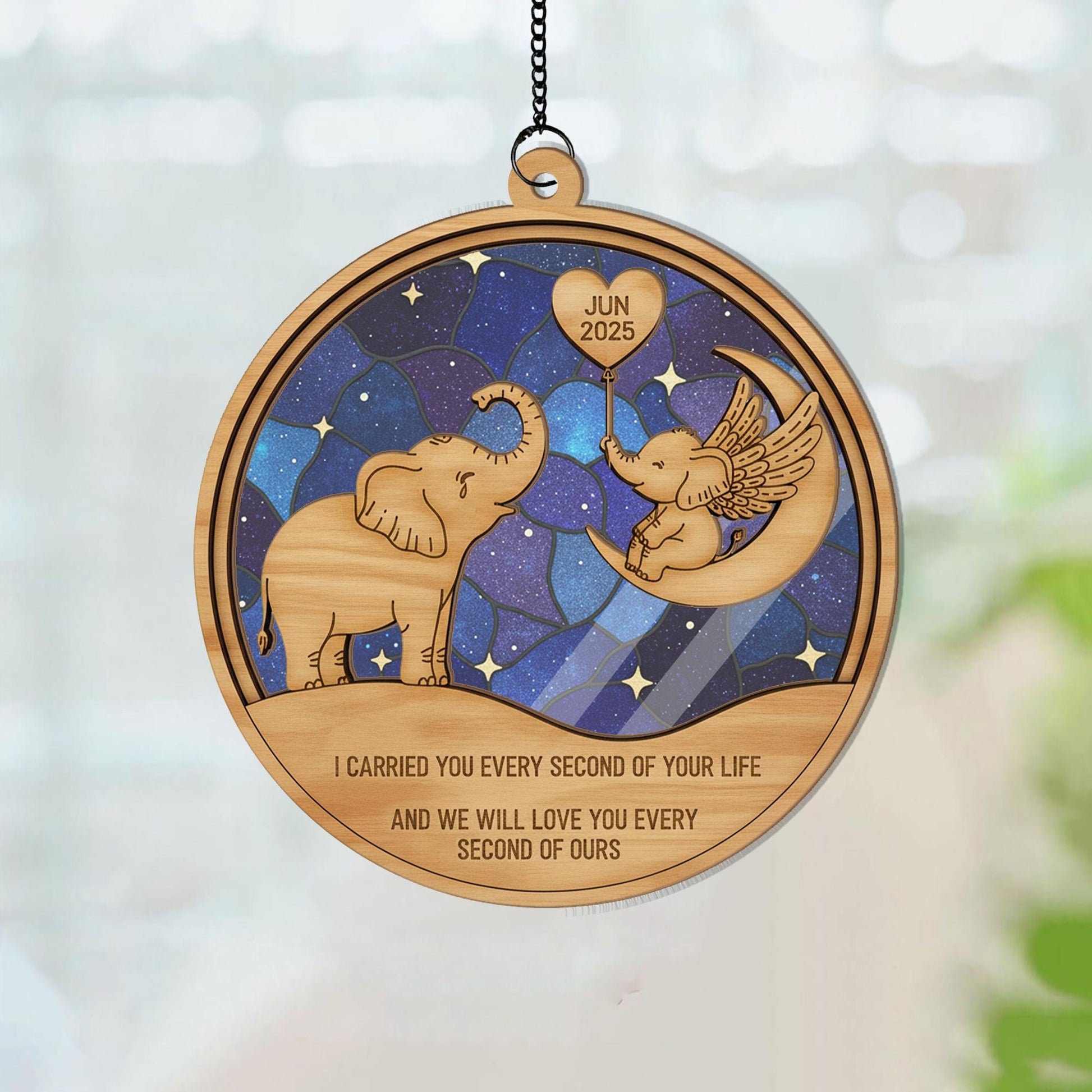 Wood and Acrylic Elephant Suncatcher Ornament – Baby Loss Memorial Design, Personalized Date, Angel Wings, Window or Tree Decoration image 6