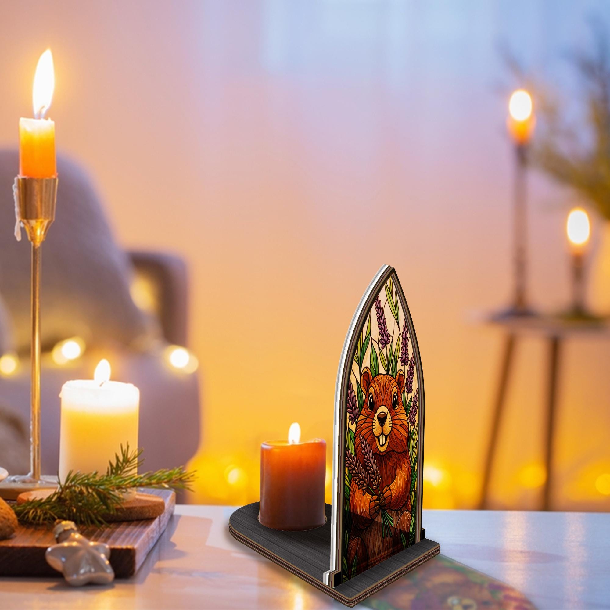 Wooden Candle Holder Happy Beaver with Lavender – Rustic Animal Decor Gift image 2