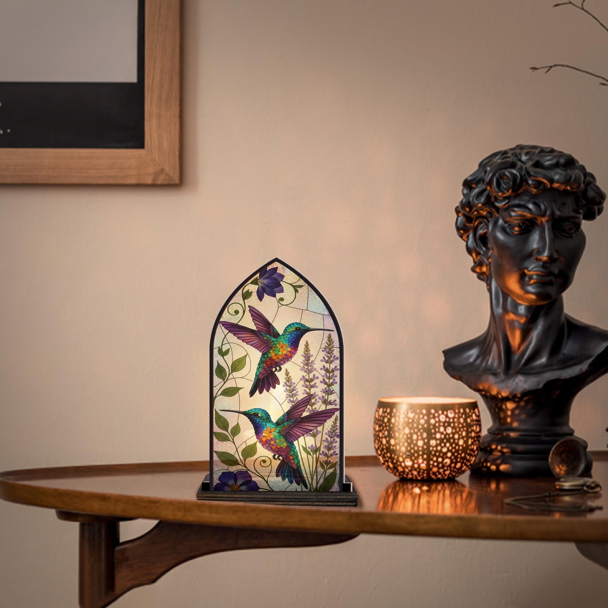 Wooden Candle Holder with Colorful Hummingbirds – Nature Decor Gift for Bird Lovers image 1