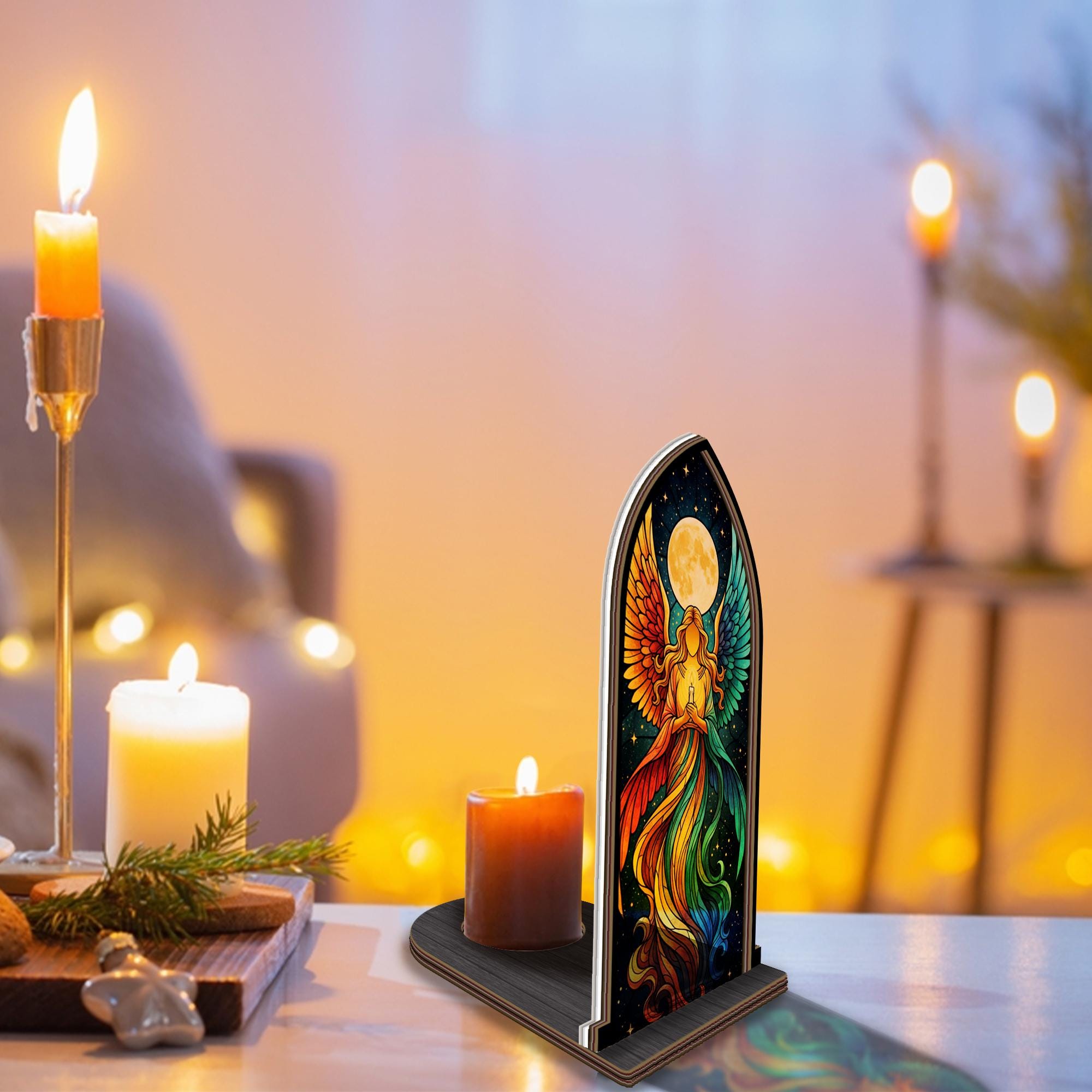 Angel Wings Candle Holder: Rustic Wooden Suncatcher image 2