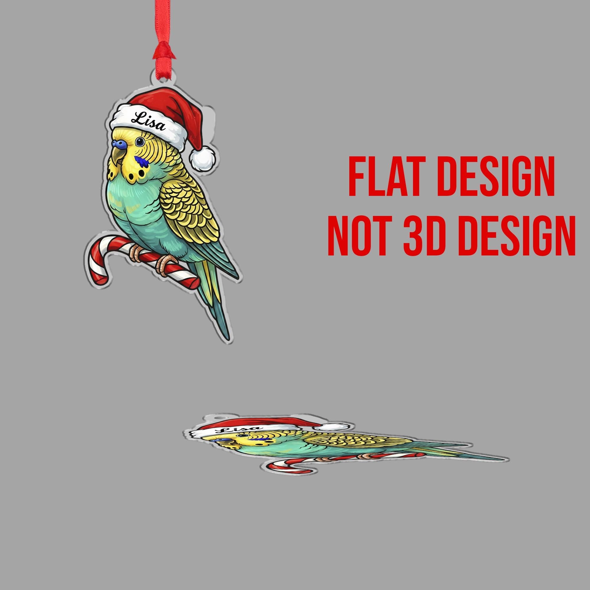 Acrylic Parakeet Ornament – Budgie with Santa Hat and Candy Cane Design, Personalized Name, Christmas Tree Decoration image 6