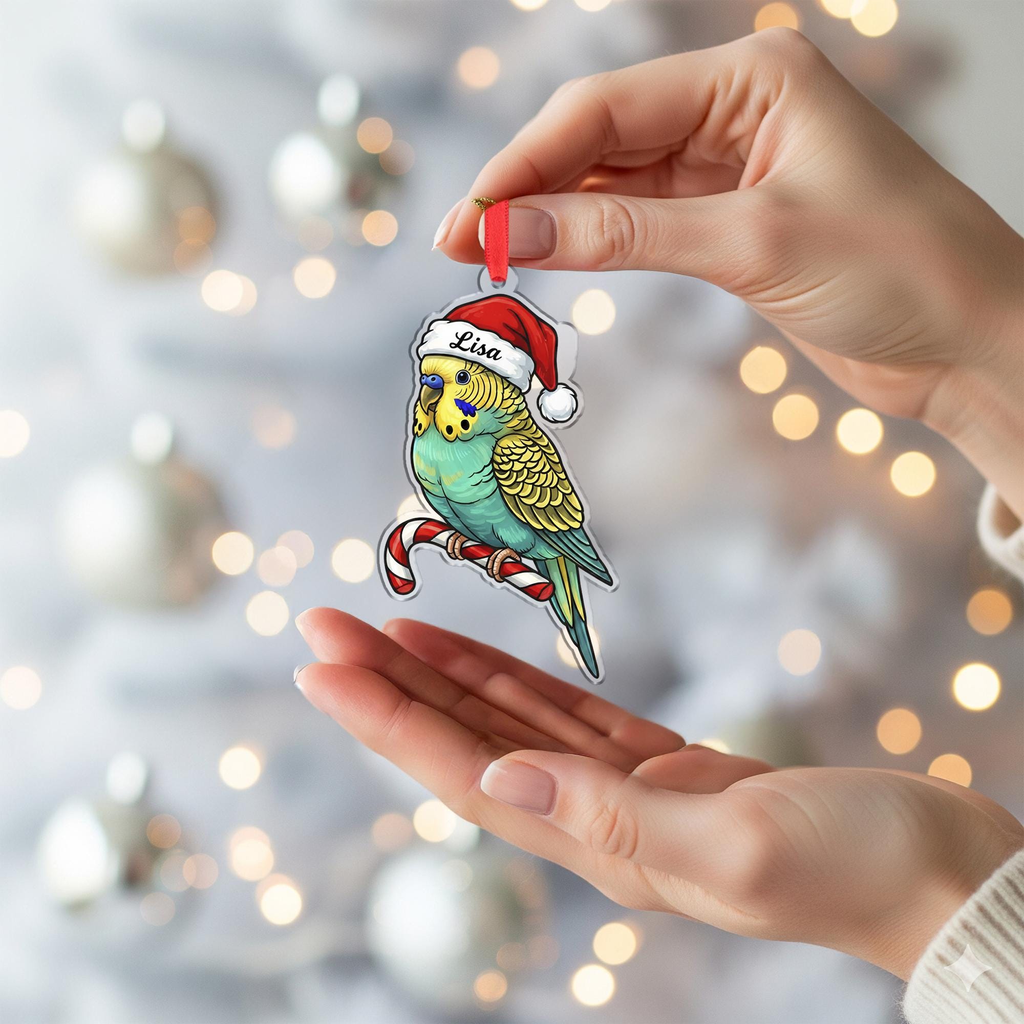 Acrylic Parakeet Ornament – Budgie with Santa Hat and Candy Cane Design, Personalized Name, Christmas Tree Decoration image 5