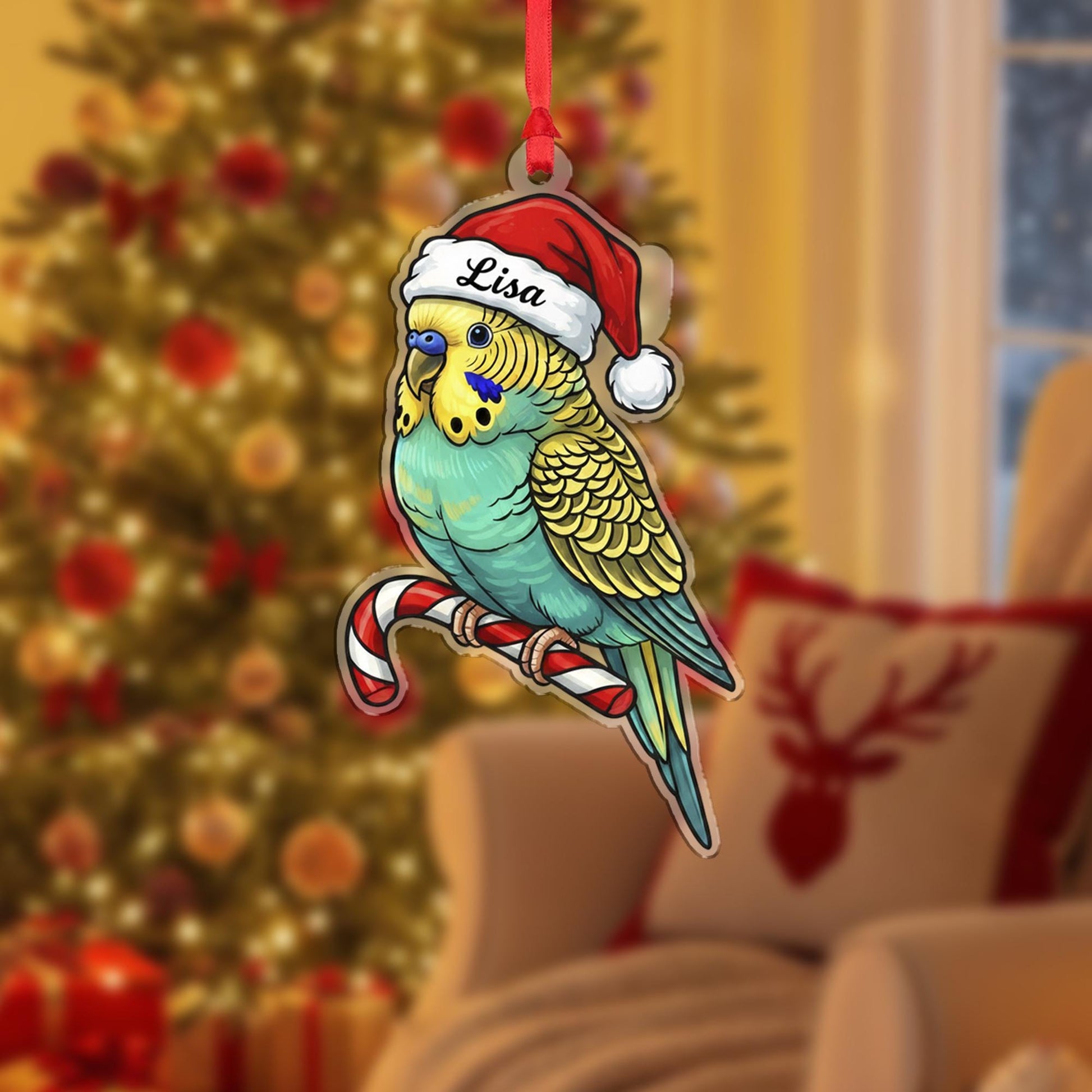 Acrylic Parakeet Ornament – Budgie with Santa Hat and Candy Cane Design, Personalized Name, Christmas Tree Decoration image 7