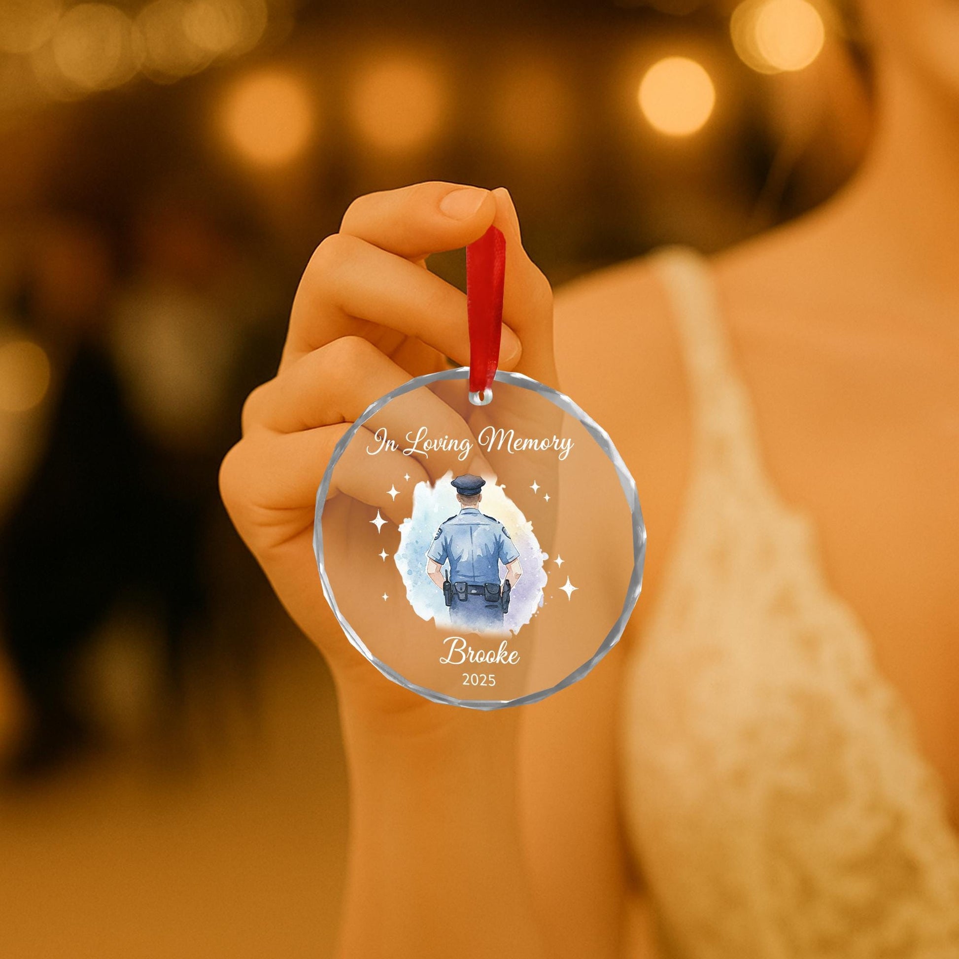 Glass Memorial Ornament – Police Officer Tribute Design, Personalized Name and Year, In Loving Memory Christmas Decoration image 2