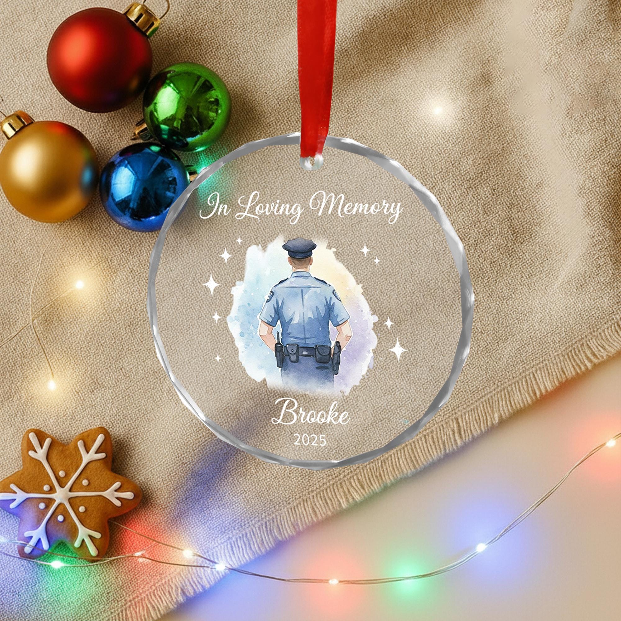 Glass Memorial Ornament – Police Officer Tribute Design, Personalized Name and Year, In Loving Memory Christmas Decoration image 3
