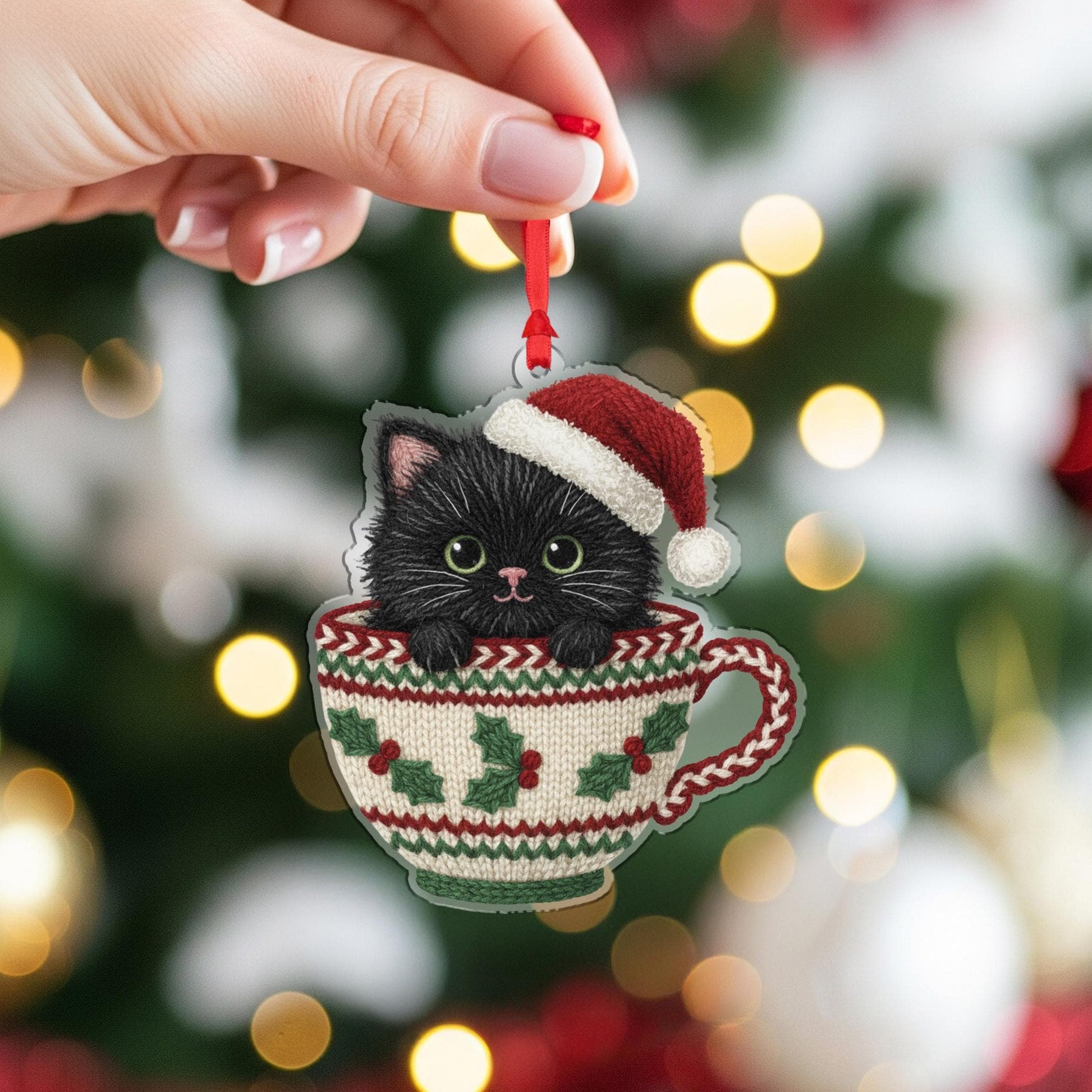 Laser Cut Wood Cat Ornament: Kitten in Teacup with Santa Hat image 4