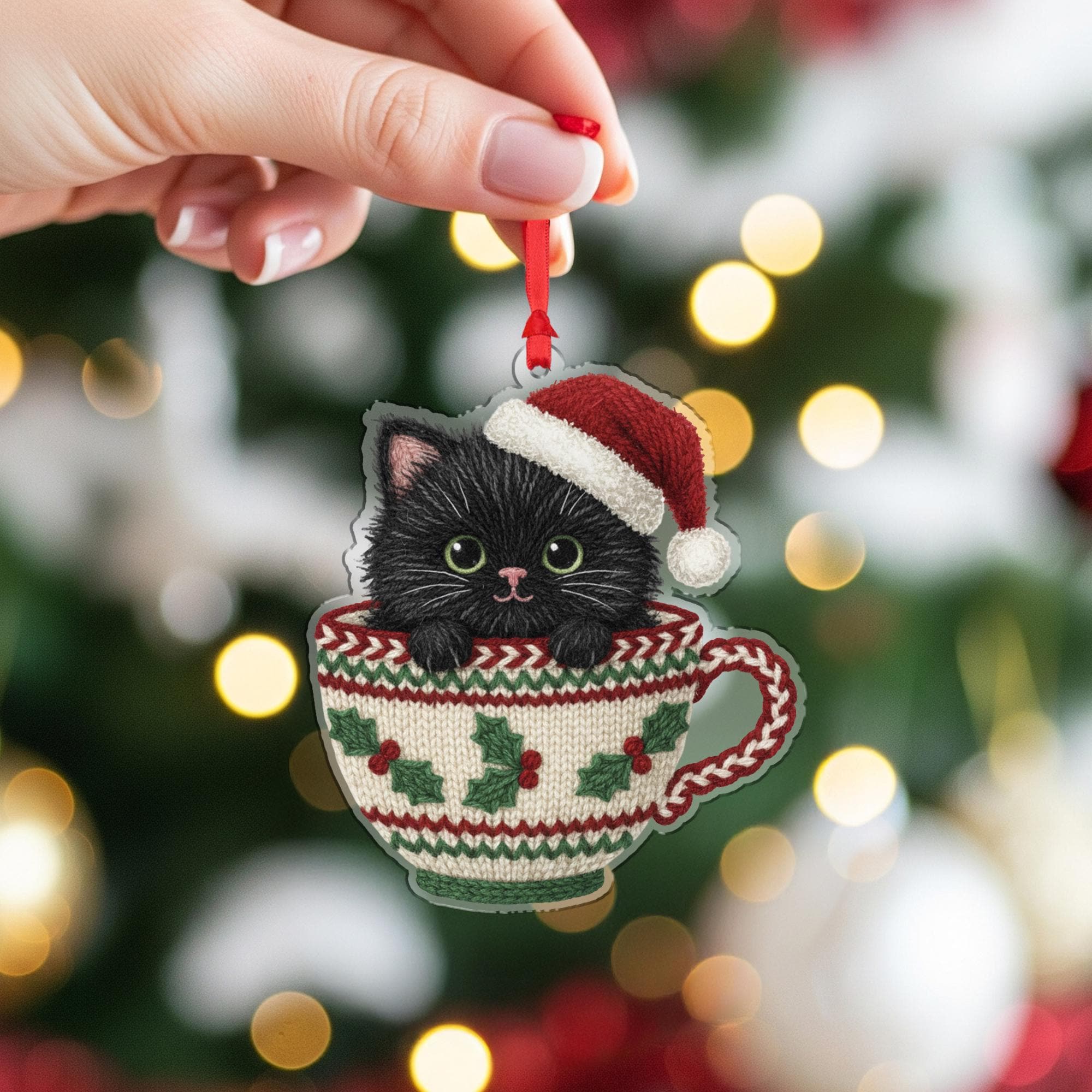 Laser Cut Wood Cat Ornament: Kitten in Teacup with Santa Hat image 4