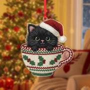 Laser Cut Wood Cat Ornament: Kitten in Teacup with Santa Hat image 1