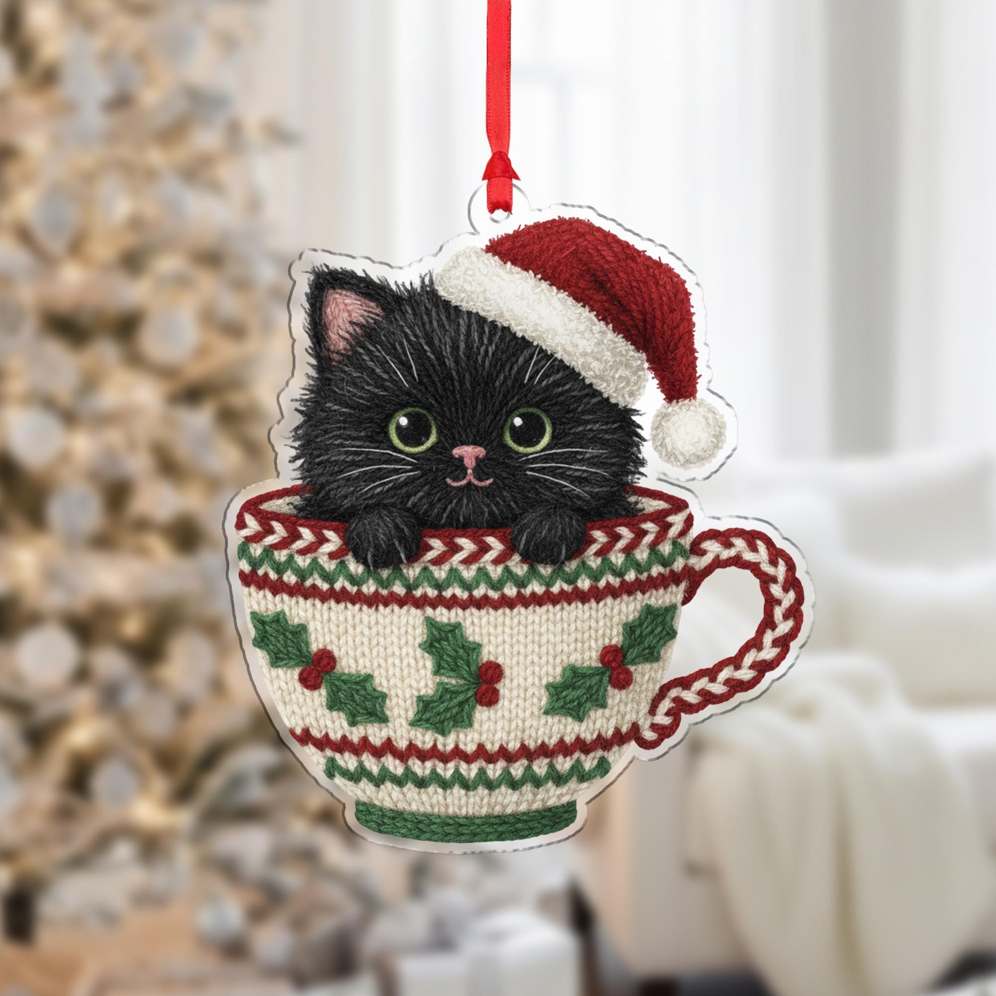 Laser Cut Wood Cat Ornament: Kitten in Teacup with Santa Hat image 7