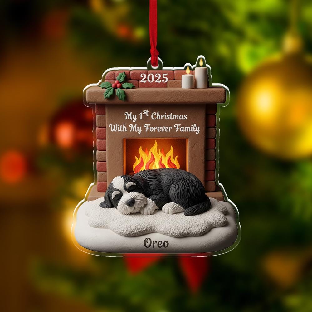 Personalized Pet’s First Christmas Ornament - Custom Dog by Fireplace Keepsake image 2
