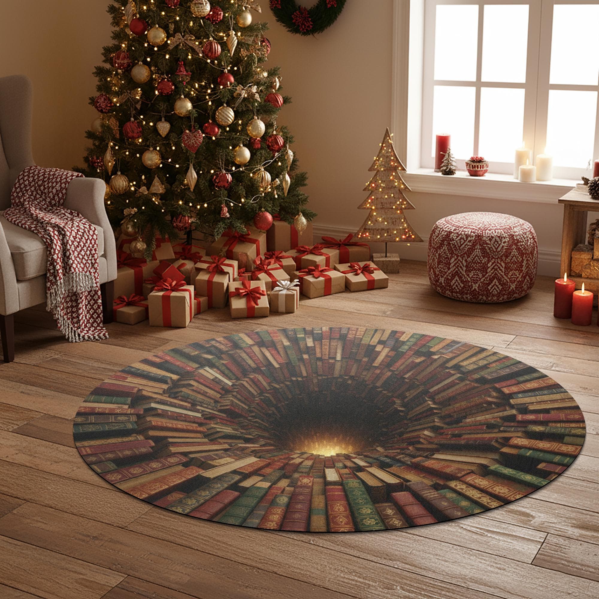 Round 3D Book Vortex Doormat • Circular Illusion Rug with Stacked Books Print image 1