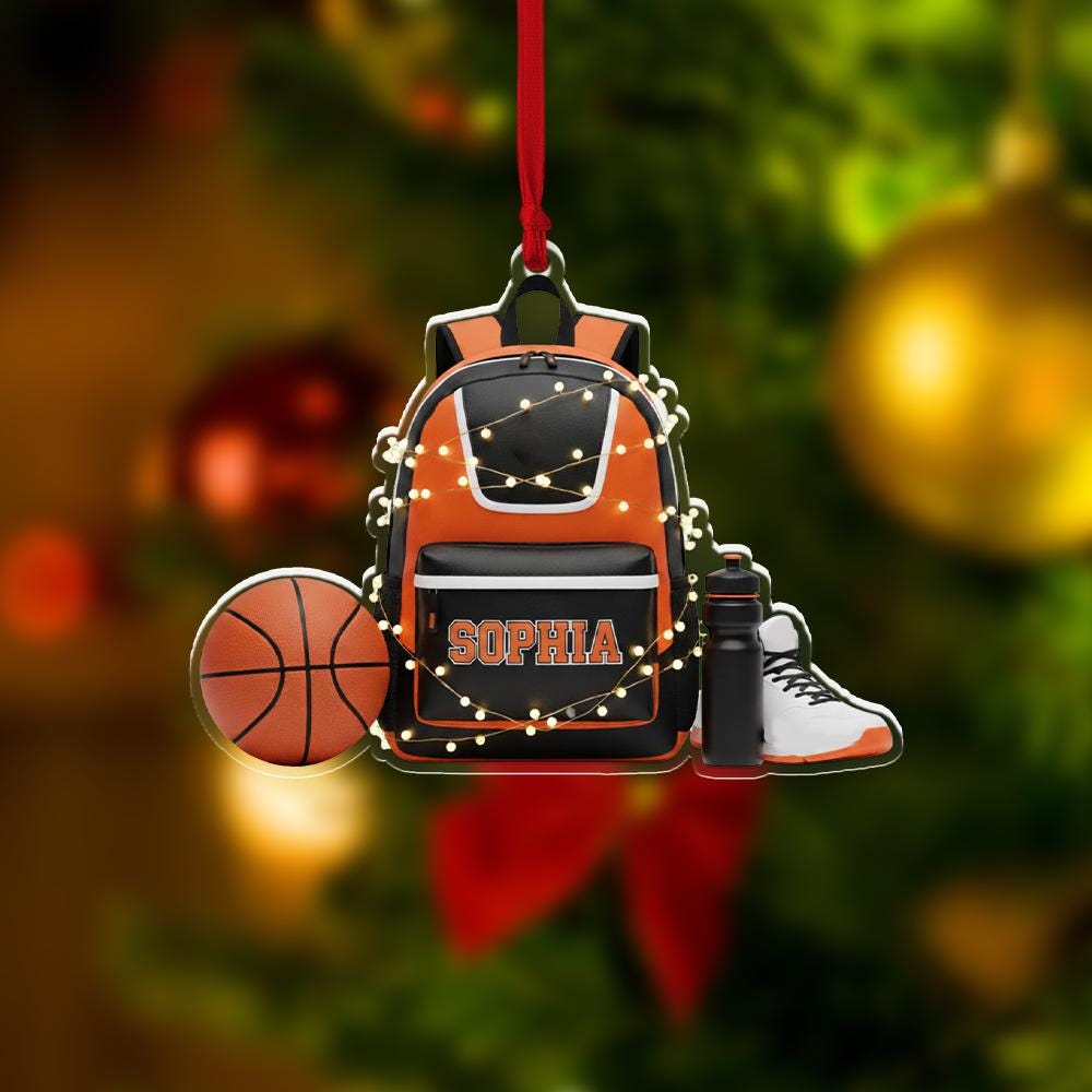 Personalized Basketball Backpack Ornament – Custom Name Sports Gear Christmas Tree Decoration image 1