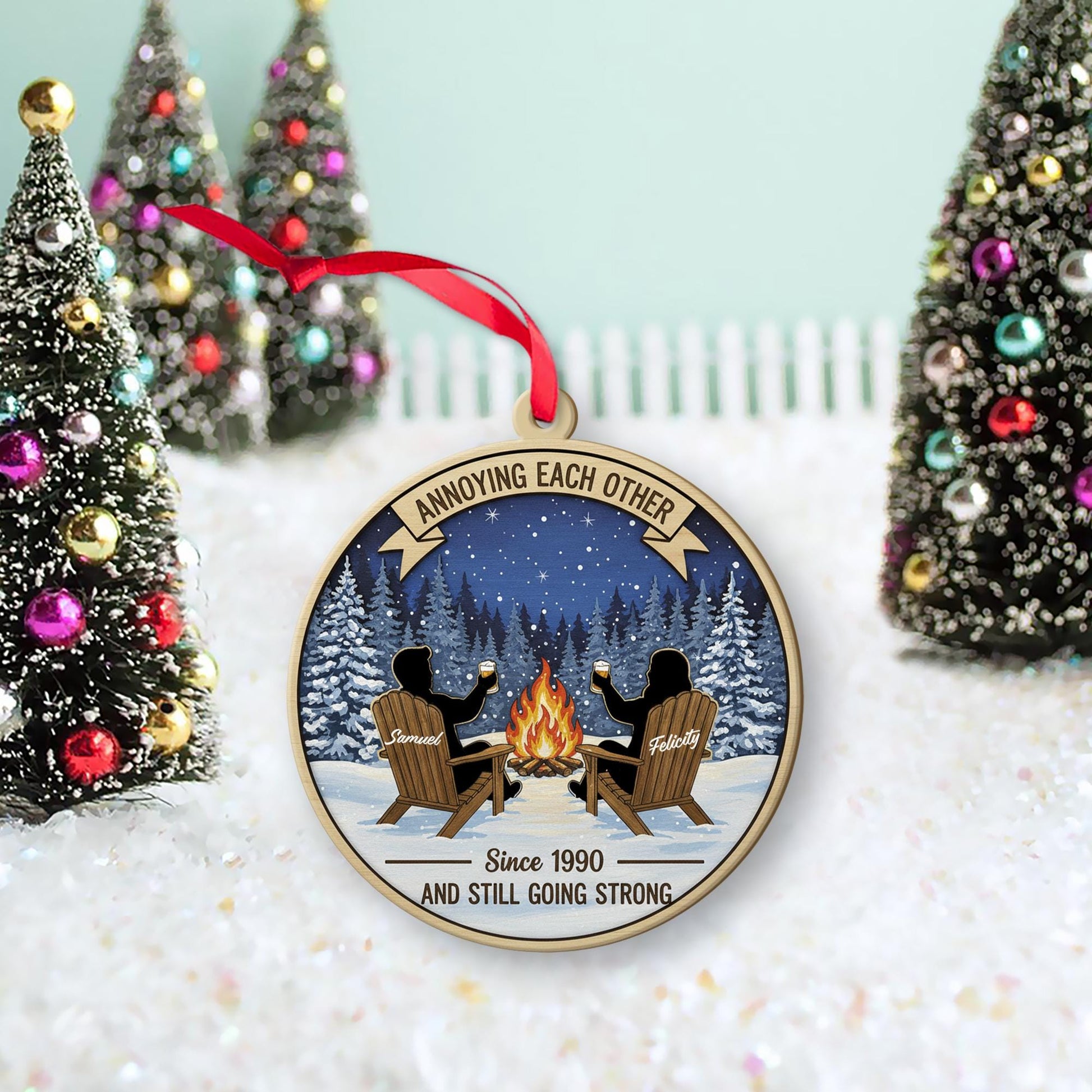 Personalized Wood Ornament: Campfire Scene Winter Decor, Custom Couple Keepsake